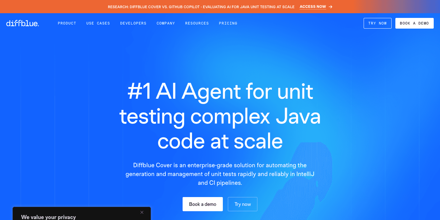 Diffblue Cover homepage hero section