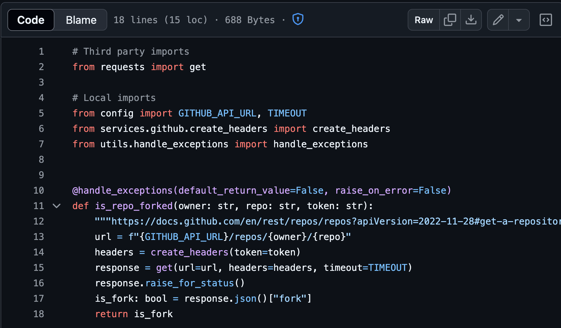 Code Screenshot showing is_repo_forked function