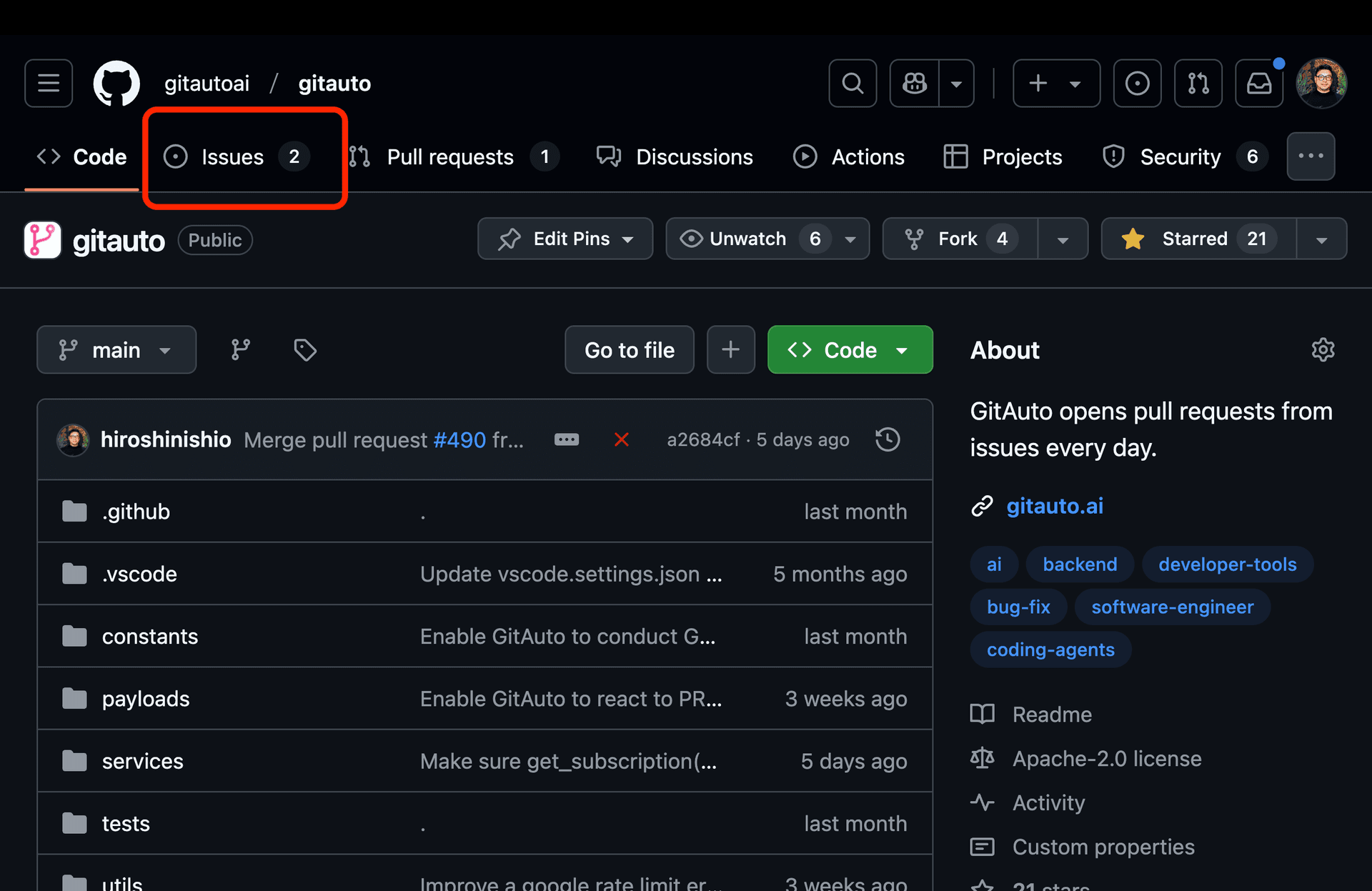 GitHub repository page with Issues tab highlighted in red