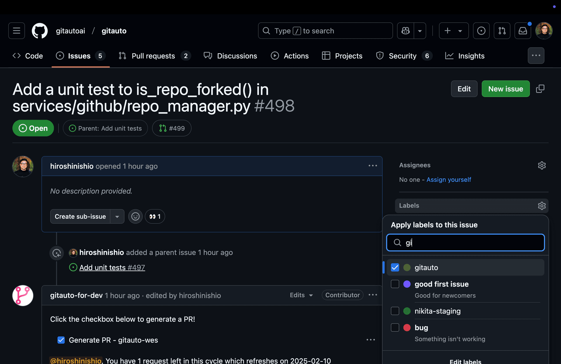Adding gitauto label to an issue