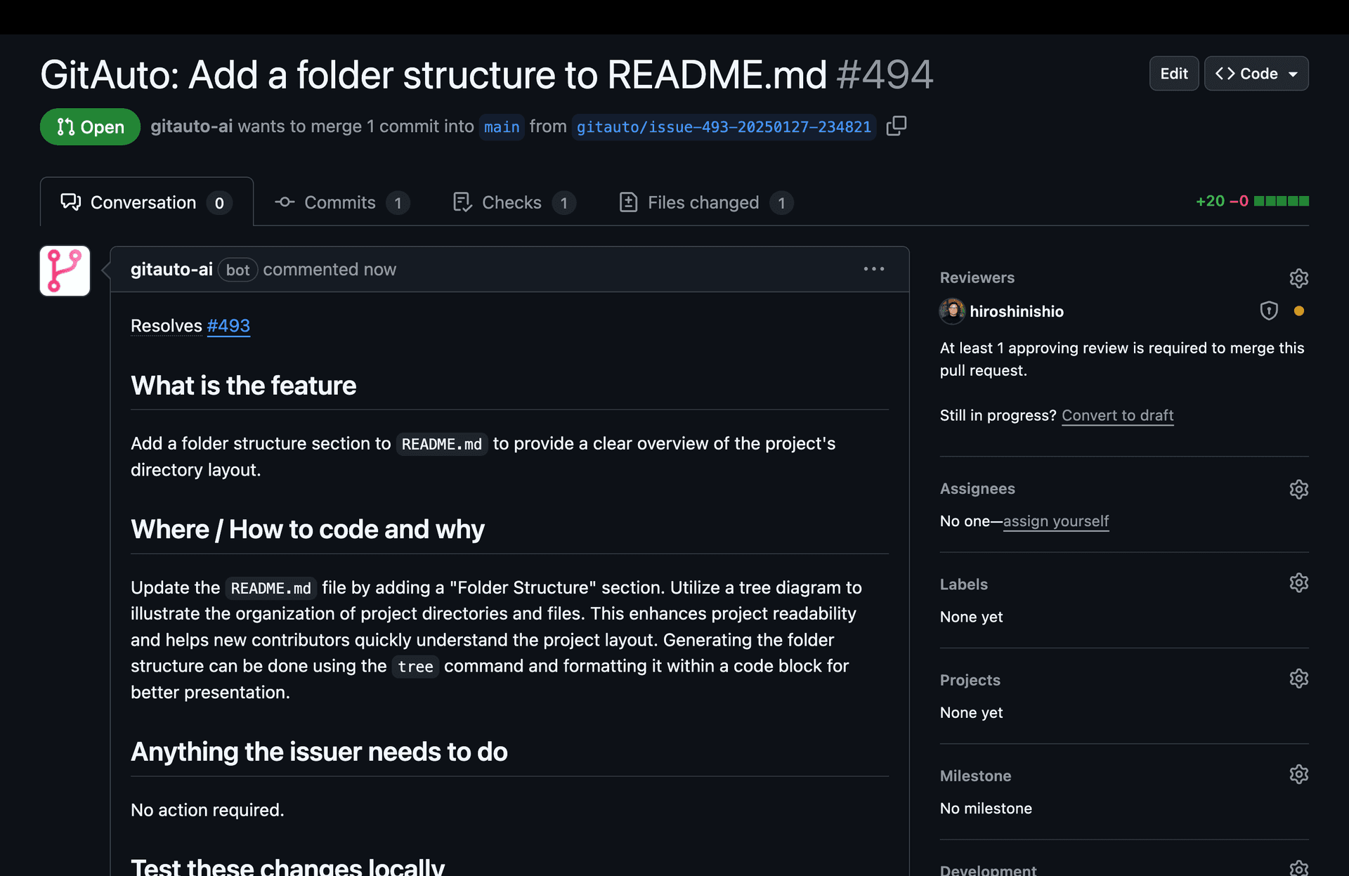 Pull request overview tab showing title and description