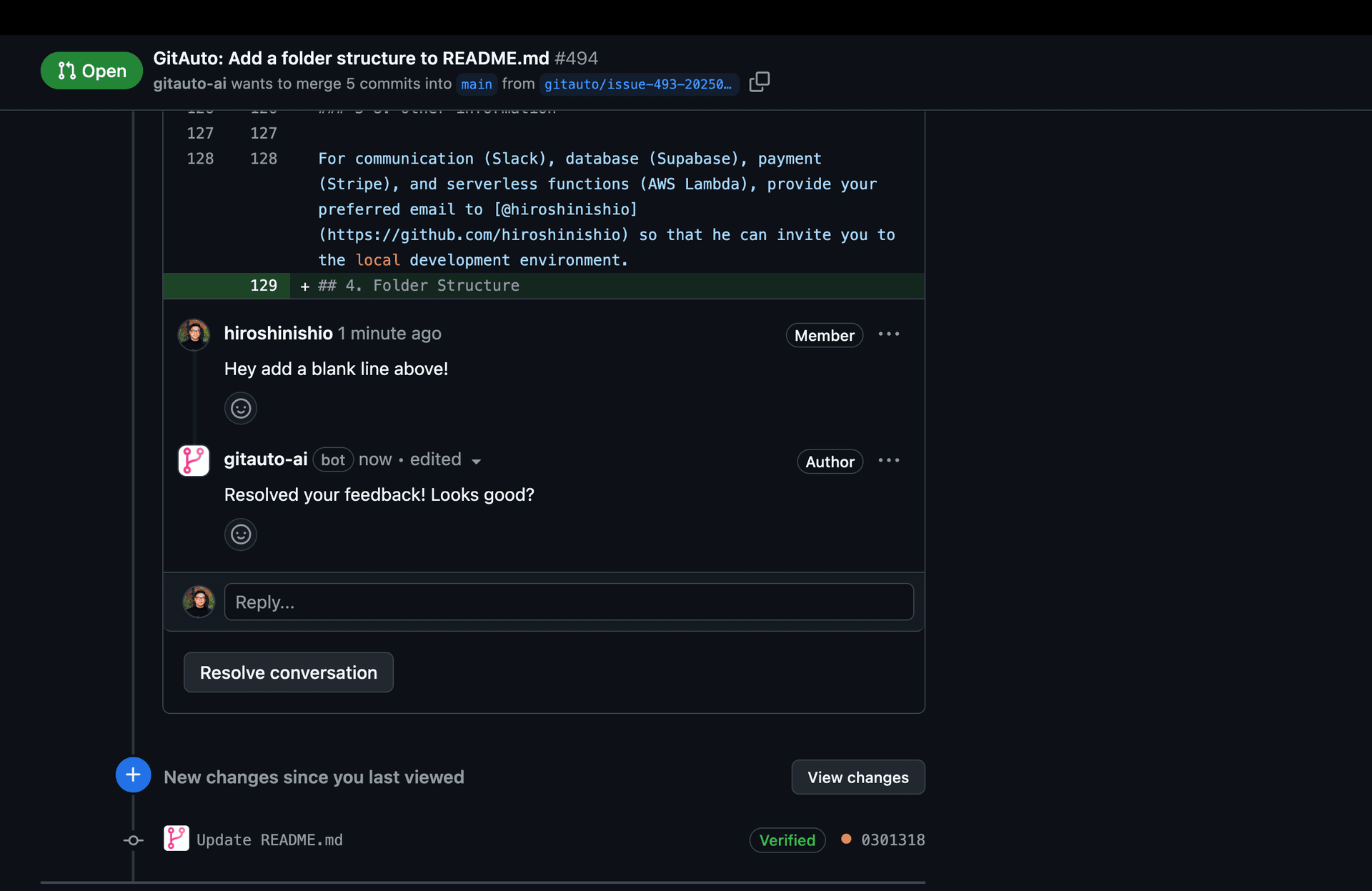 GitHub pull request showing GitAuto implementing requested changes