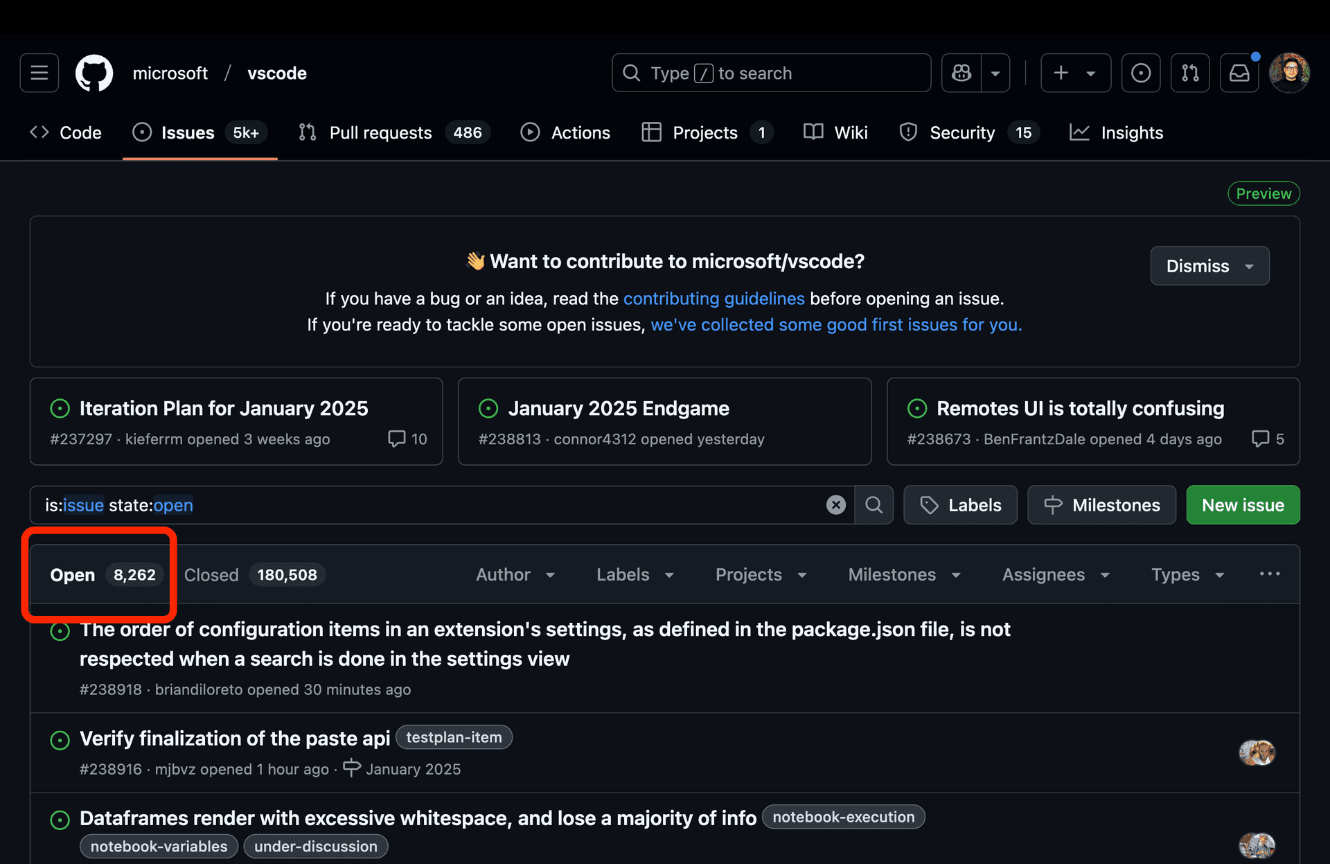 VSCode's open issues count