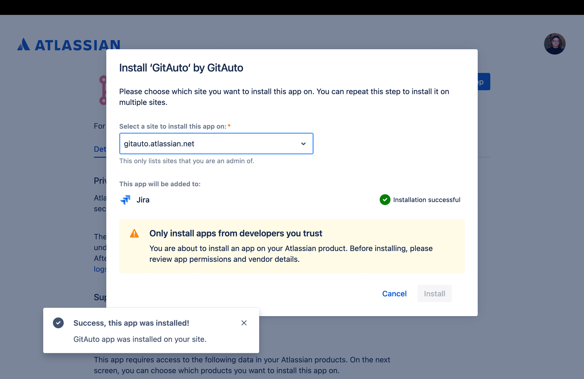 Installation complete screen