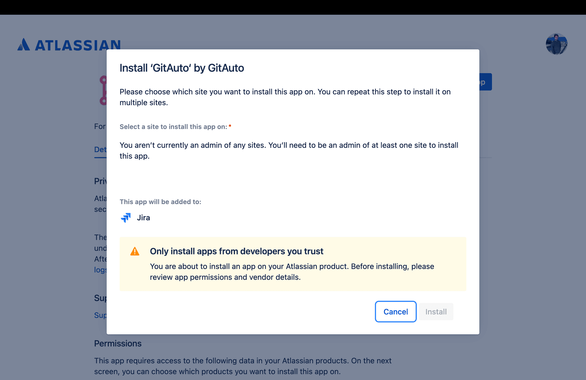 Admin rights required screen
