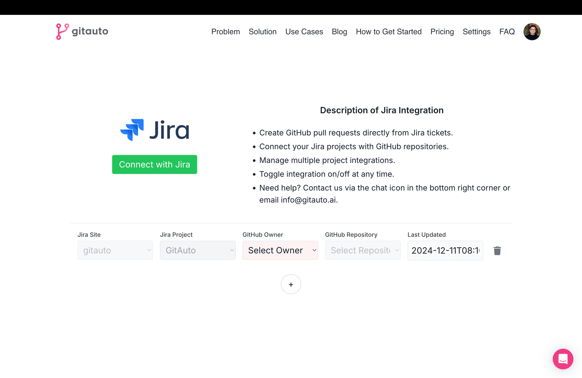 Jira integration settings page after sign in