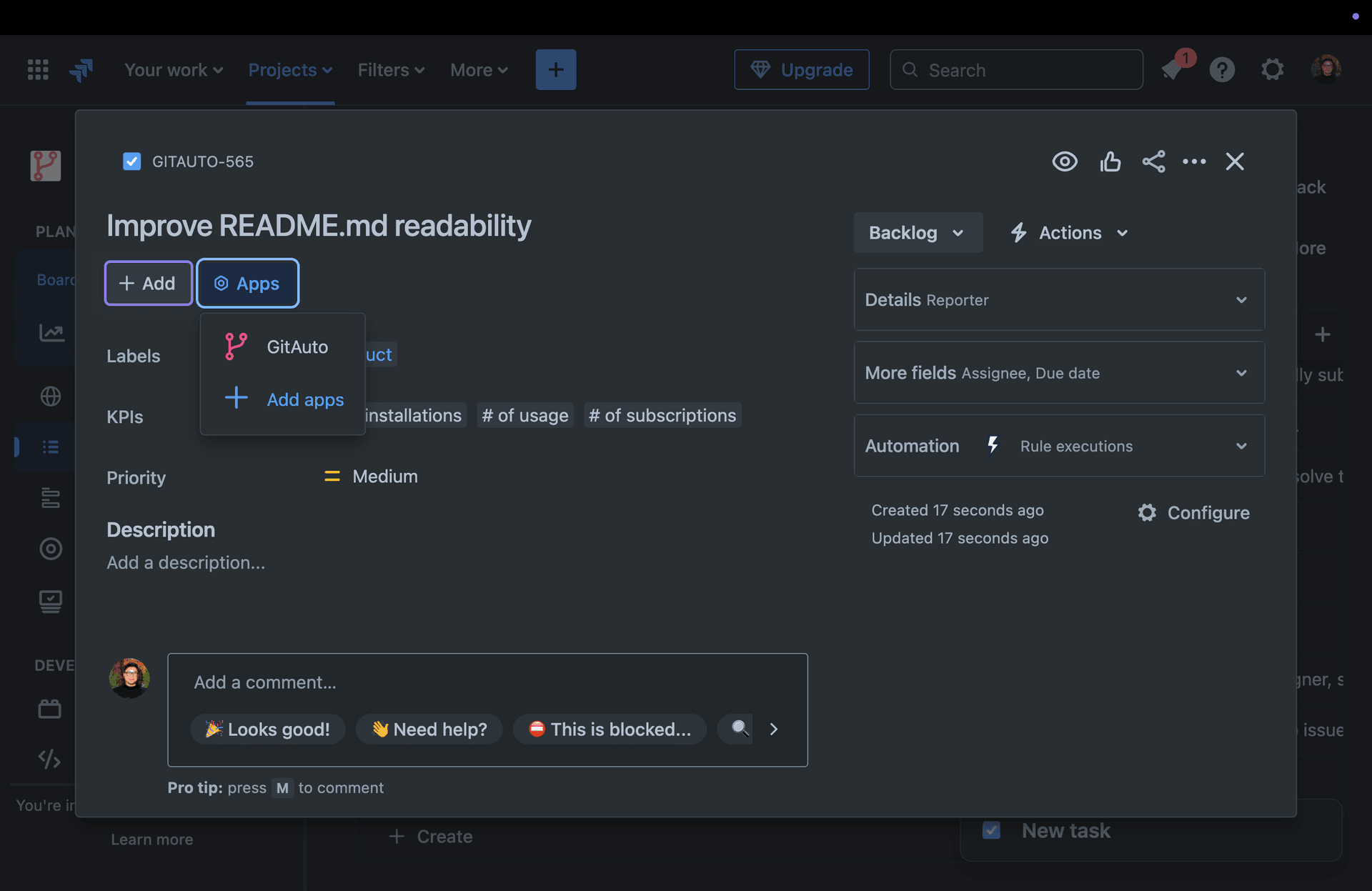 Jira issue creation screen showing the Apps section