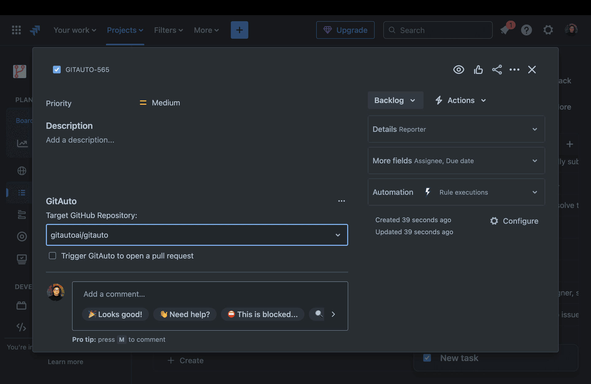Jira issue creation screen showing GitAuto section