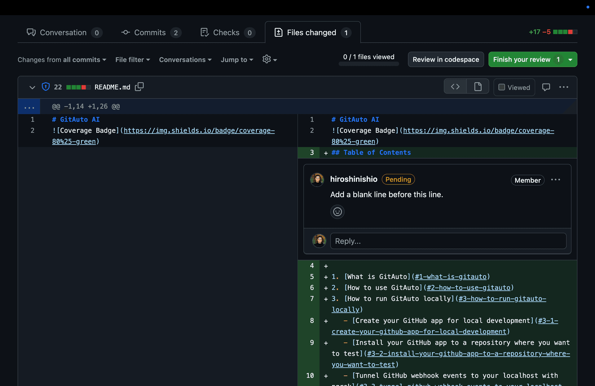 GitHub pull request Files Changed tab showing pending review comments