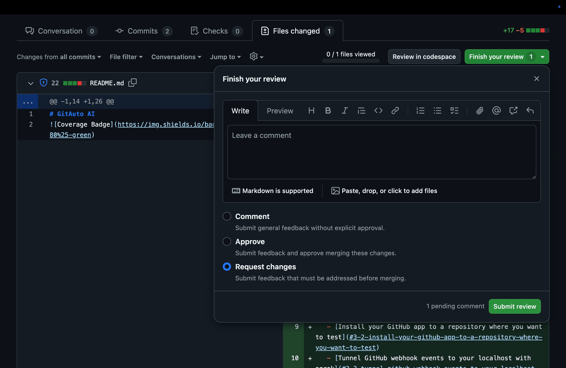 GitHub pull request Files Changed tab showing how to submit review as Request Changes