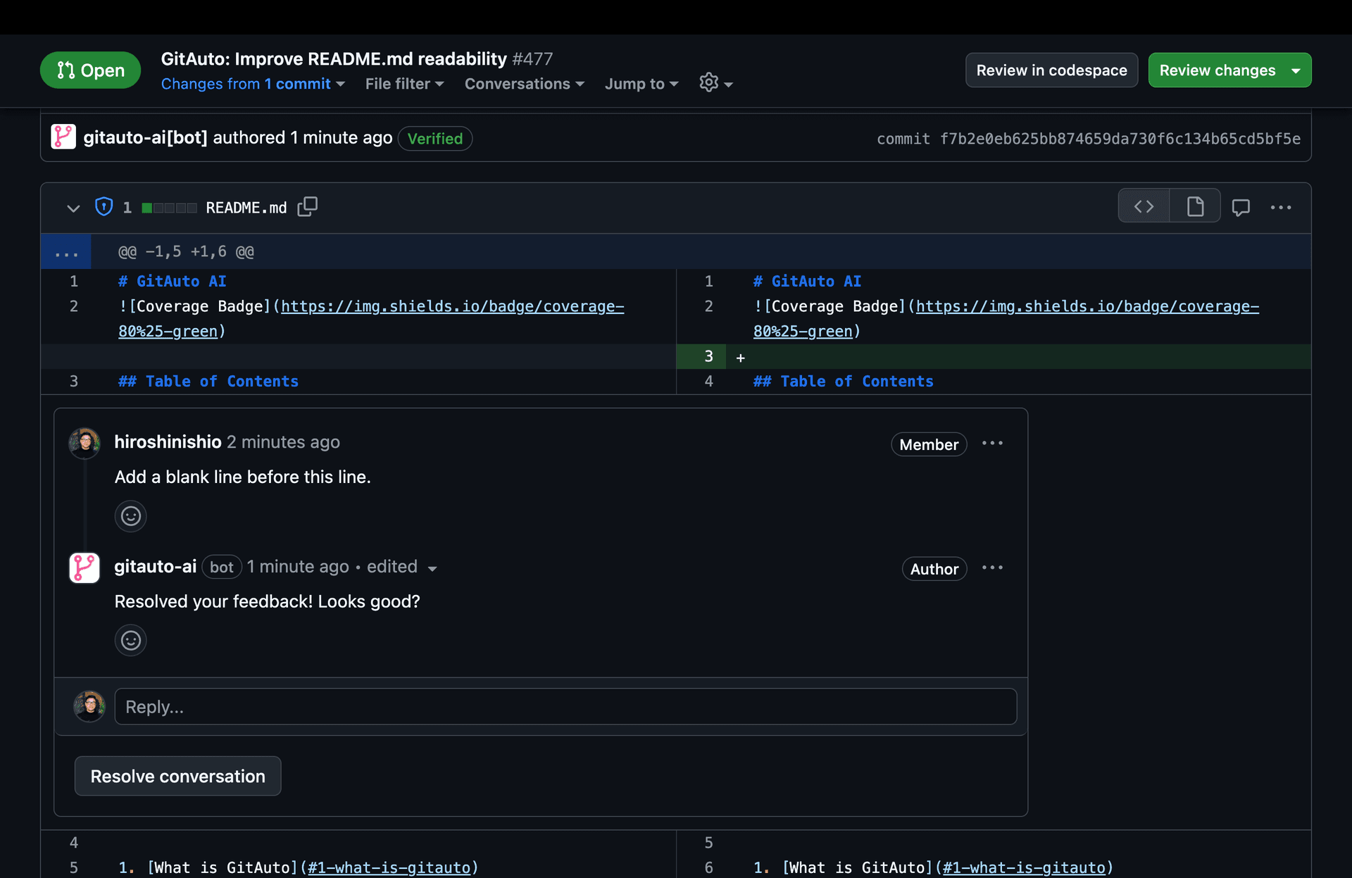 GitHub pull request Files Changed tab showing the resulting commit with changes