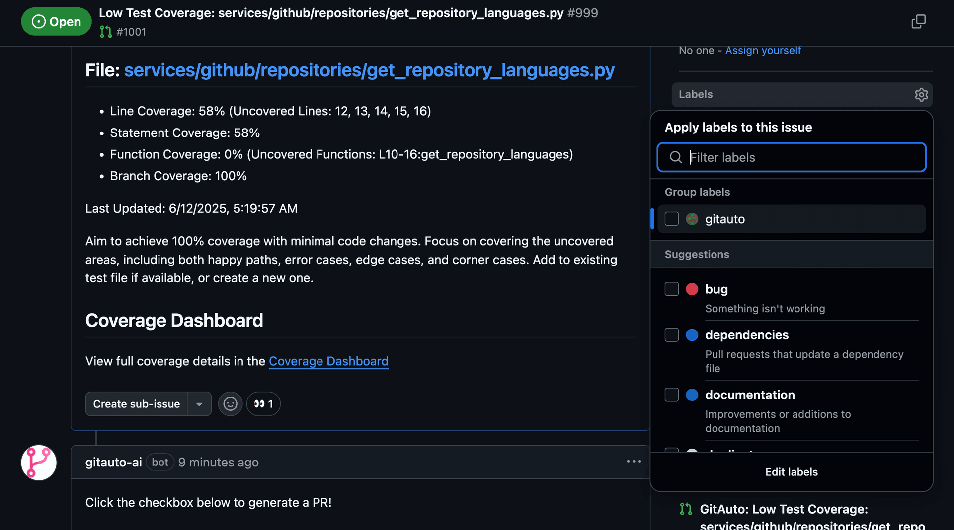 Screenshot showing how to add the 'gitauto' label. The image shows the GitHub issue's right sidebar with the Labels section expanded. The cursor is typing 'gitauto' in the label search field, and the label might not exist yet but can be created on-the-fly.