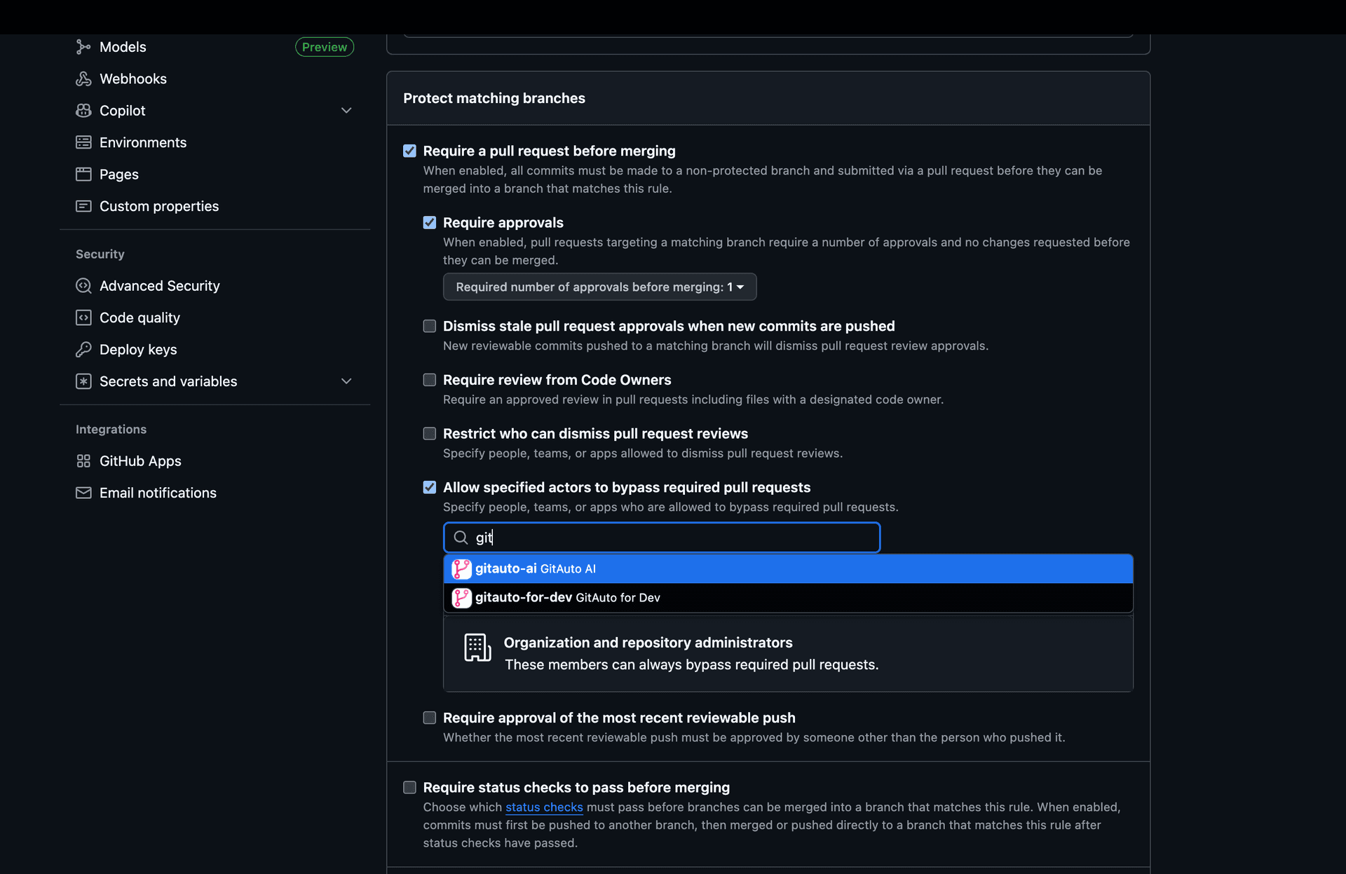 GitHub branch protection settings showing 'Allow specified actors to bypass required pull requests' checkbox and search field with gitauto-ai selected