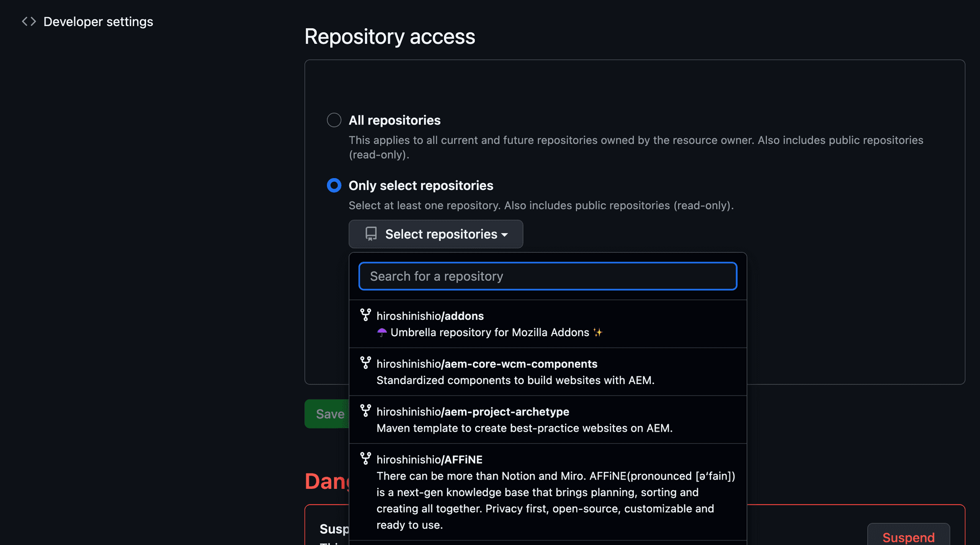 Screenshot showing how to configure repository access for GitAuto