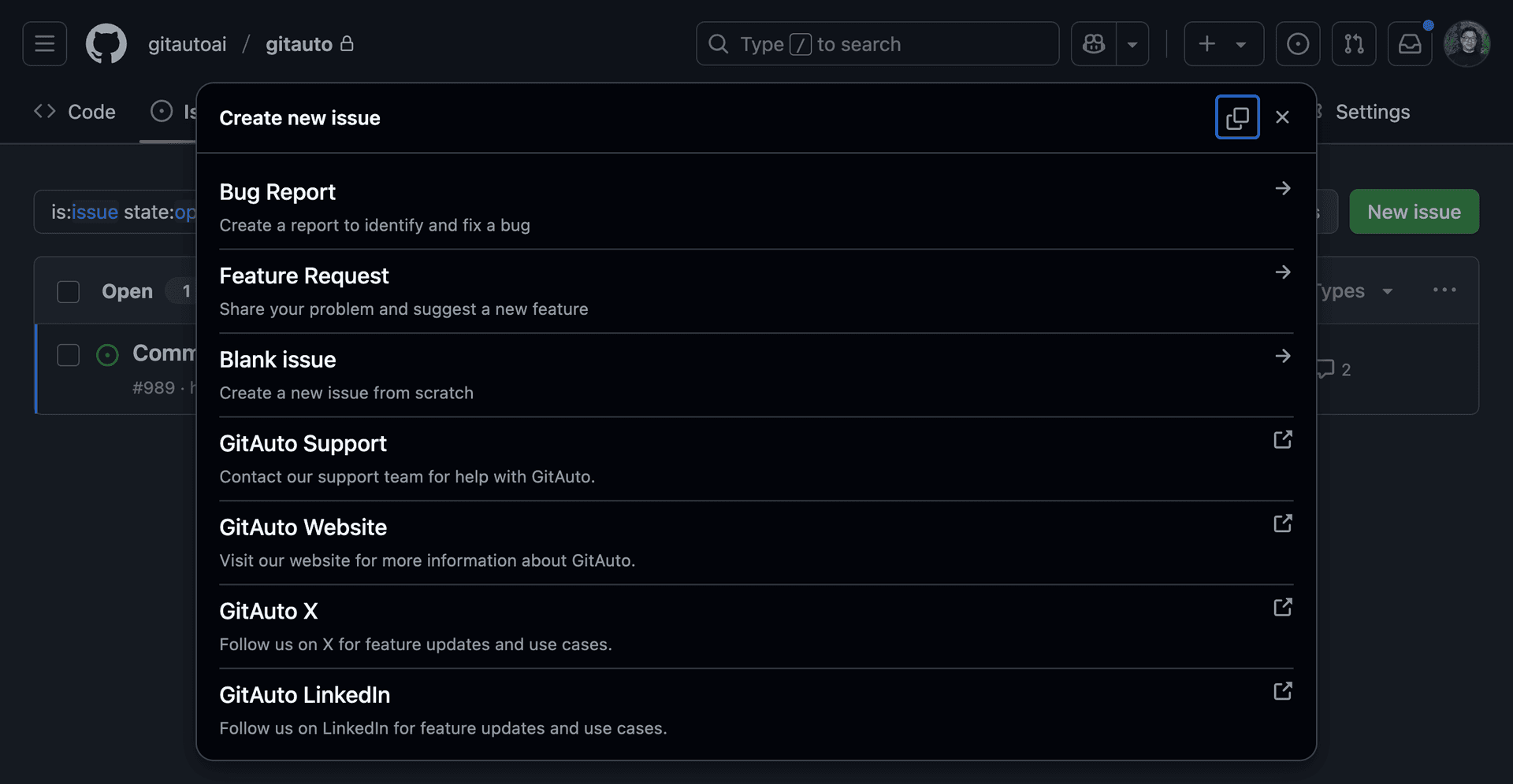 Screenshot showing the GitHub 'New Issue' page. The image displays the issue creation form with fields for title and description. Take a screenshot of your repository's issue creation page with a sample title like 'Generate tests for user authentication'.