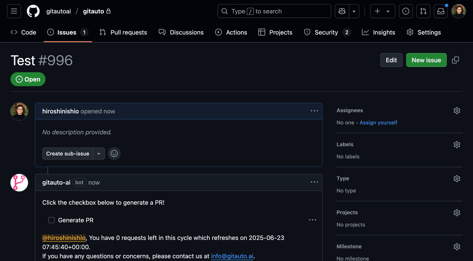 Screenshot showing a GitHub issue with GitAuto's automated comment containing a checkbox. The image shows an issue thread where GitAuto has added a comment that contains a checkbox labeled 'Generate tests with GitAuto'. The screenshot should show the checkbox both unchecked and then checked.