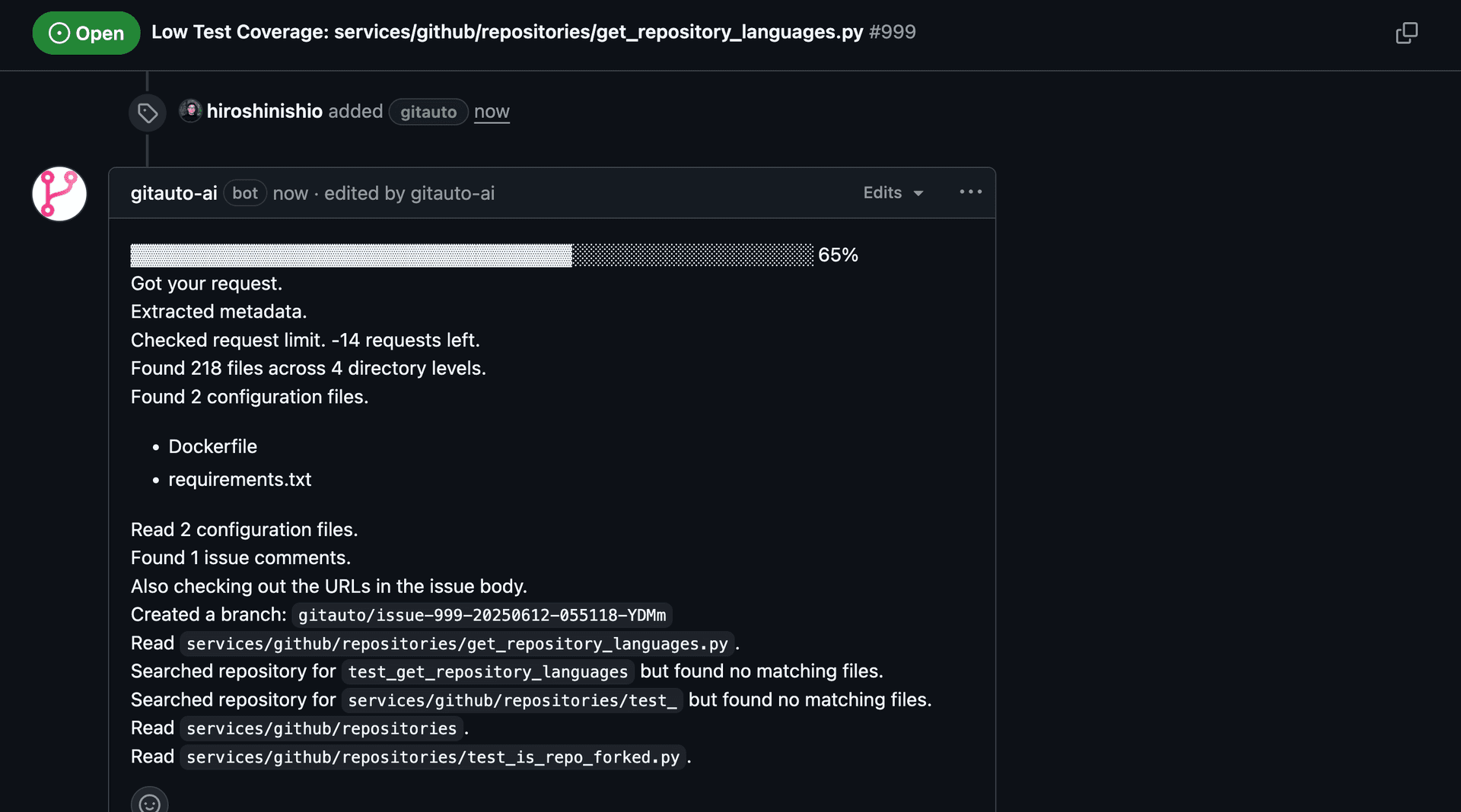 Screenshot showing GitAuto's response as a comment in the issue. The image displays GitAuto's automated comment that acknowledges it's analyzing the issue and will create tests.