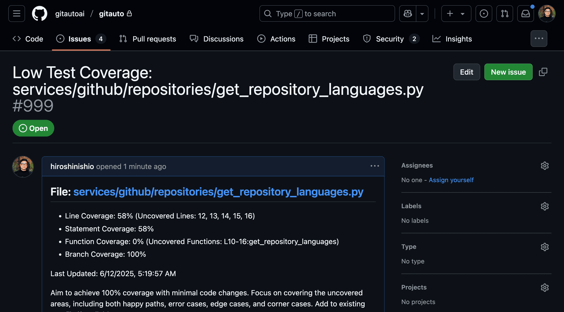 Screenshot showing a GitHub issue page. The image displays an open issue with its title, description, and the right sidebar containing various options.