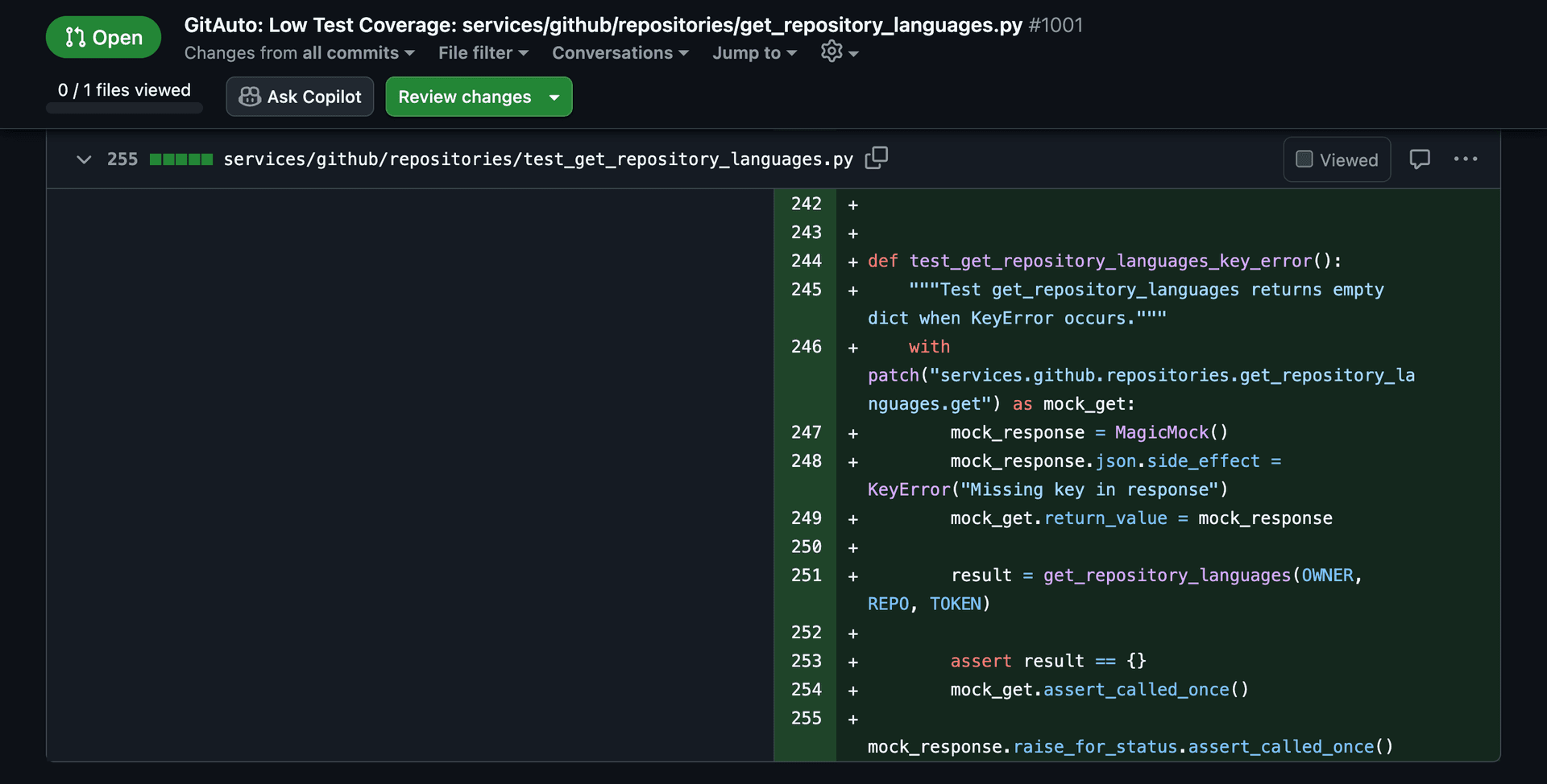 Screenshot showing the pull request created by GitAuto. The image displays a GitHub pull request page with the code changes, showing the newly generated test files.
