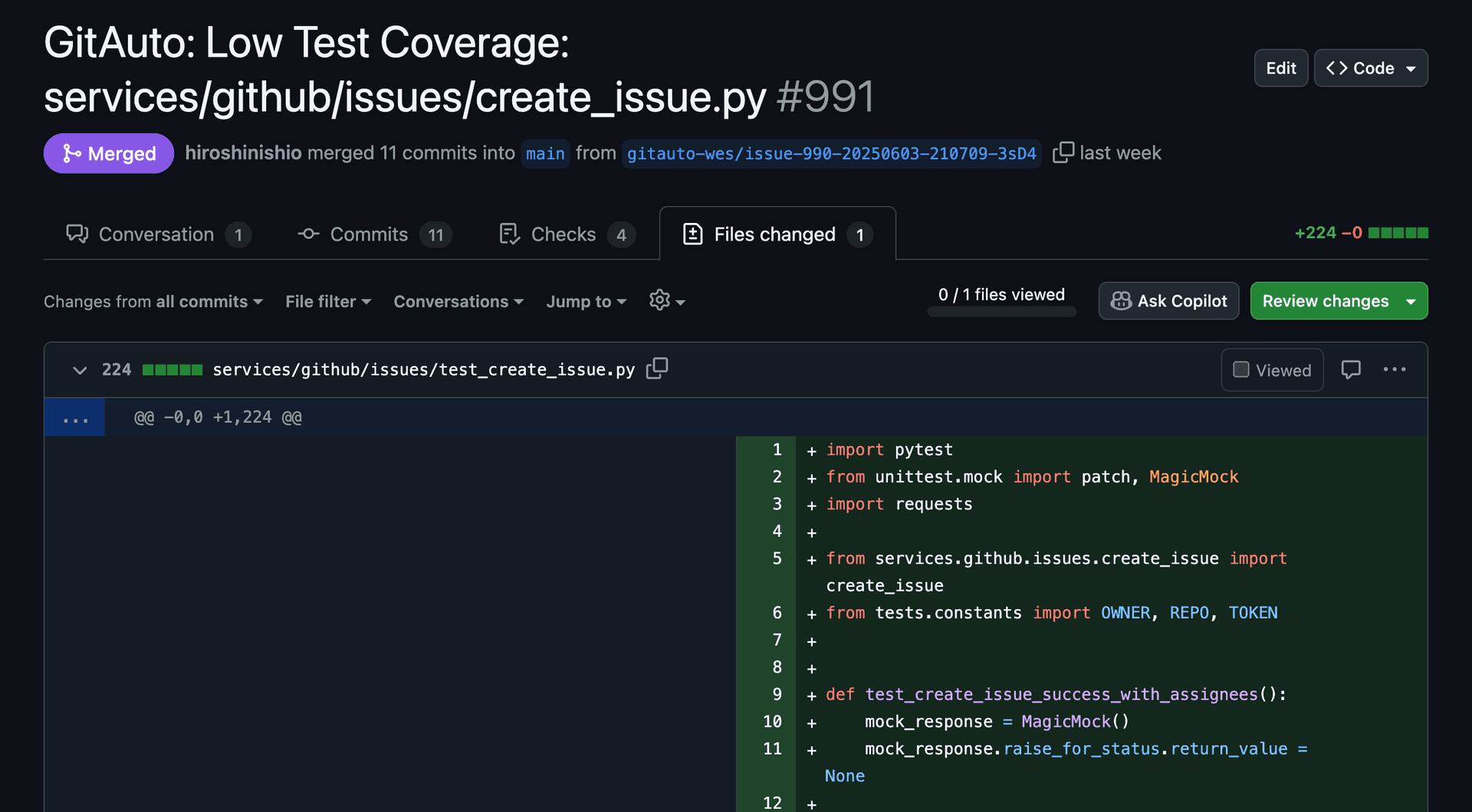 Screenshot showing the pull request created by GitAuto. The image displays a GitHub pull request page with code changes for the generated tests. Take a screenshot of a sample PR that shows test files being added with visible code changes.