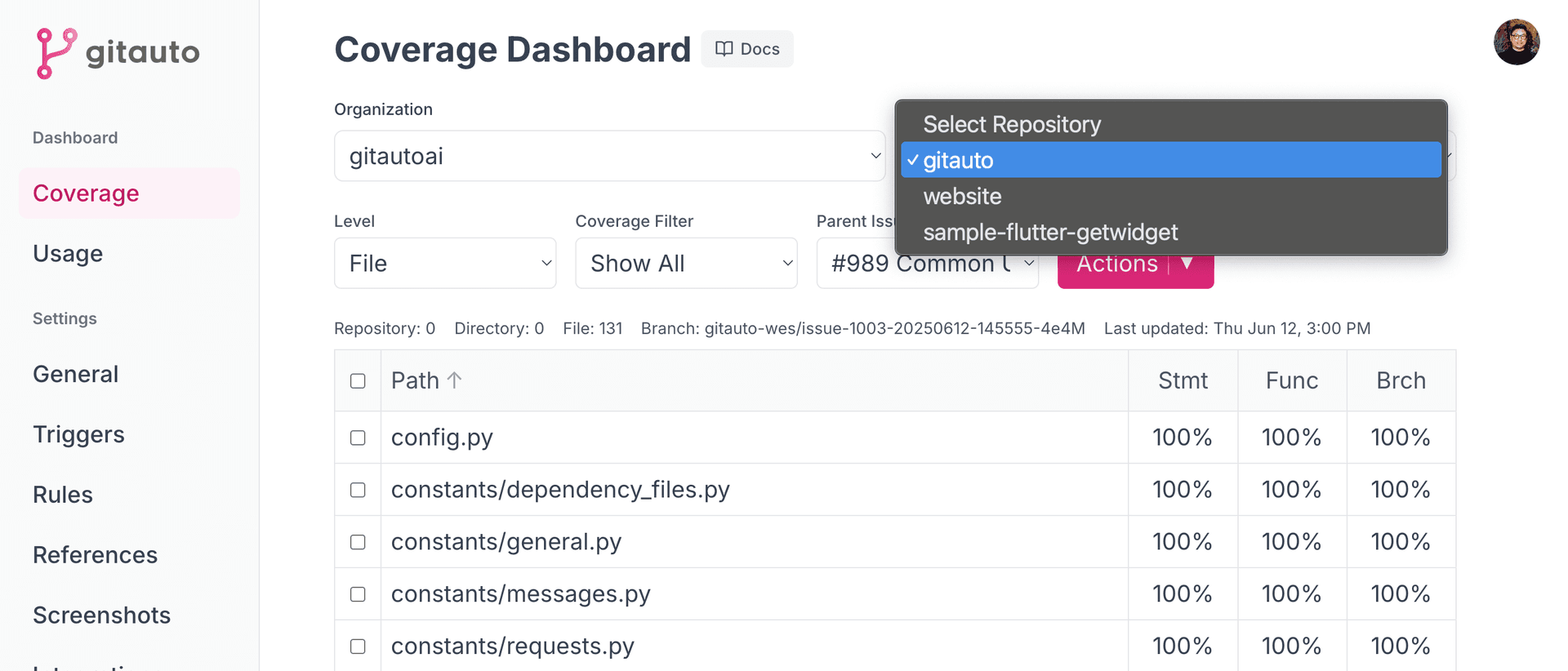 Screenshot showing the repository selection interface in the GitAuto dashboard. The image displays dropdown menus for selecting an organization and repository. Take a screenshot showing both dropdown menus expanded or with a repository already selected.