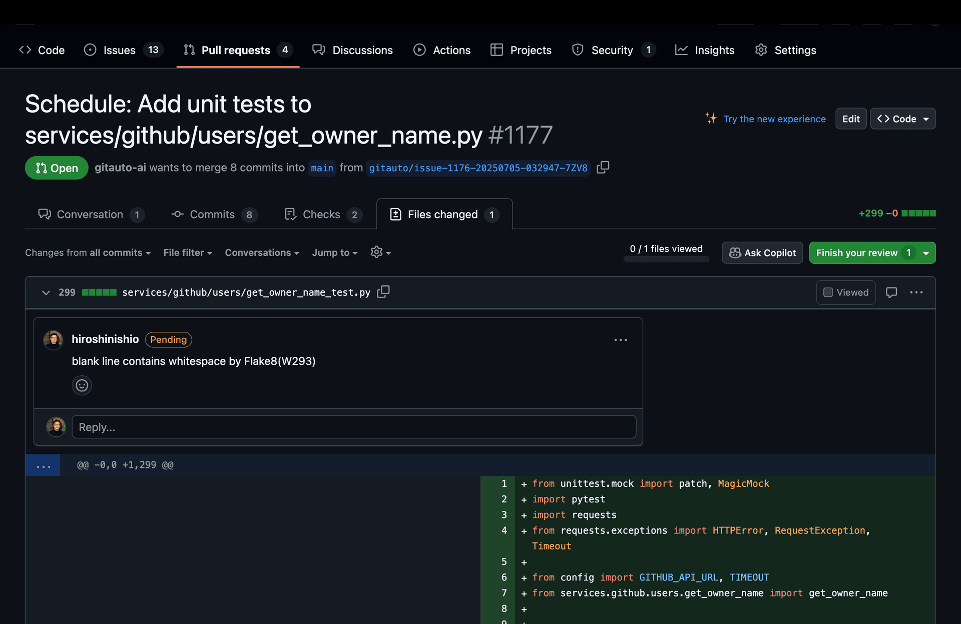 Screenshot showing how to add a review comment on a GitAuto PR