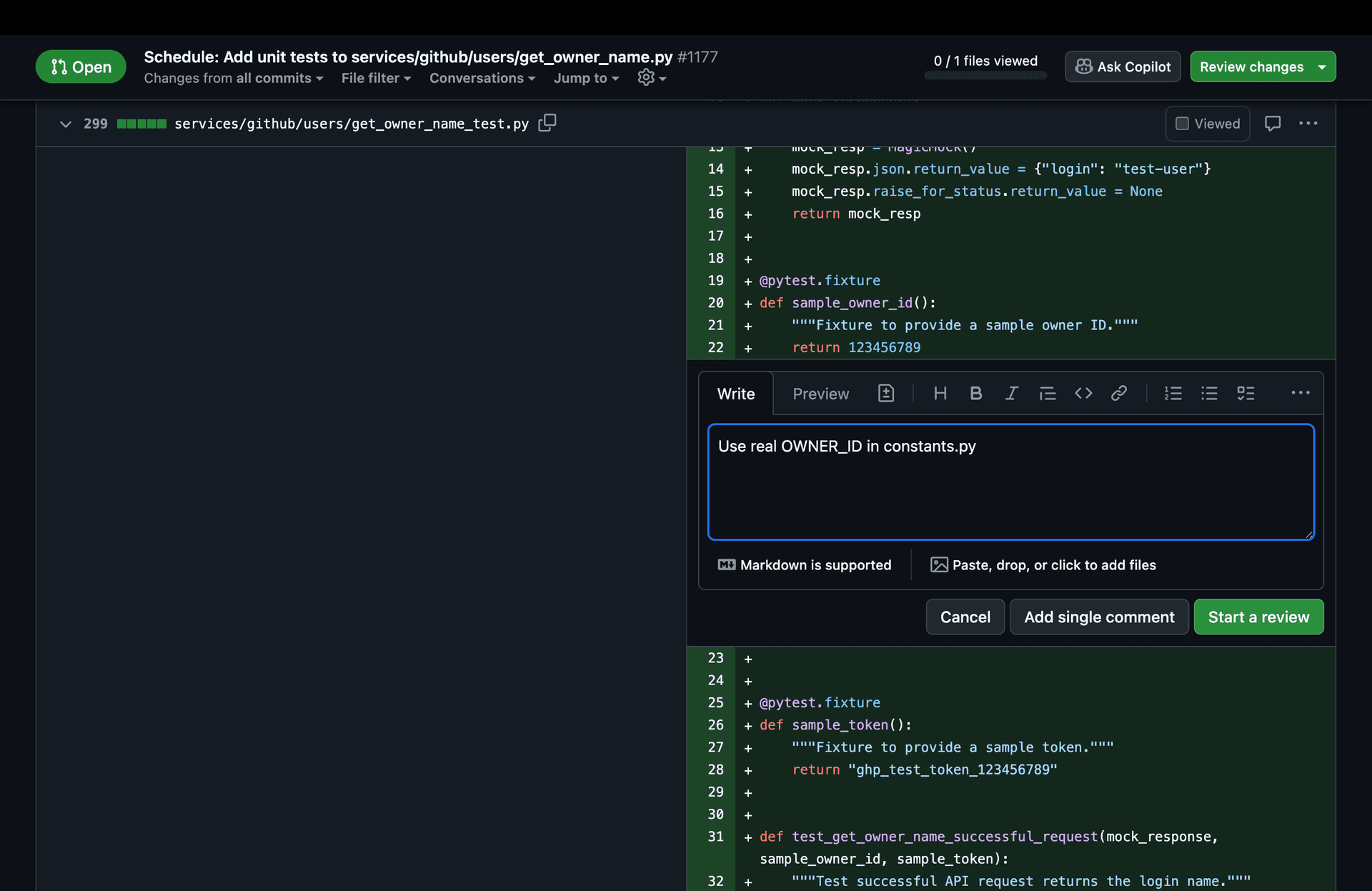 Screenshot showing how to add a review comment on a GitAuto PR