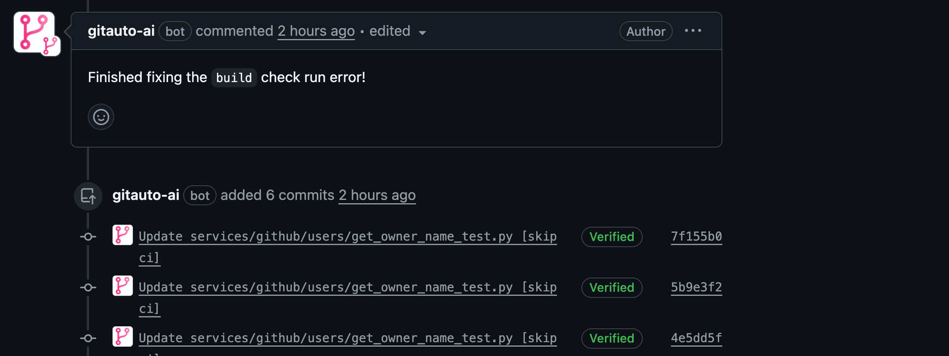 Screenshot showing GitAuto analyzing errors and creating fix commits