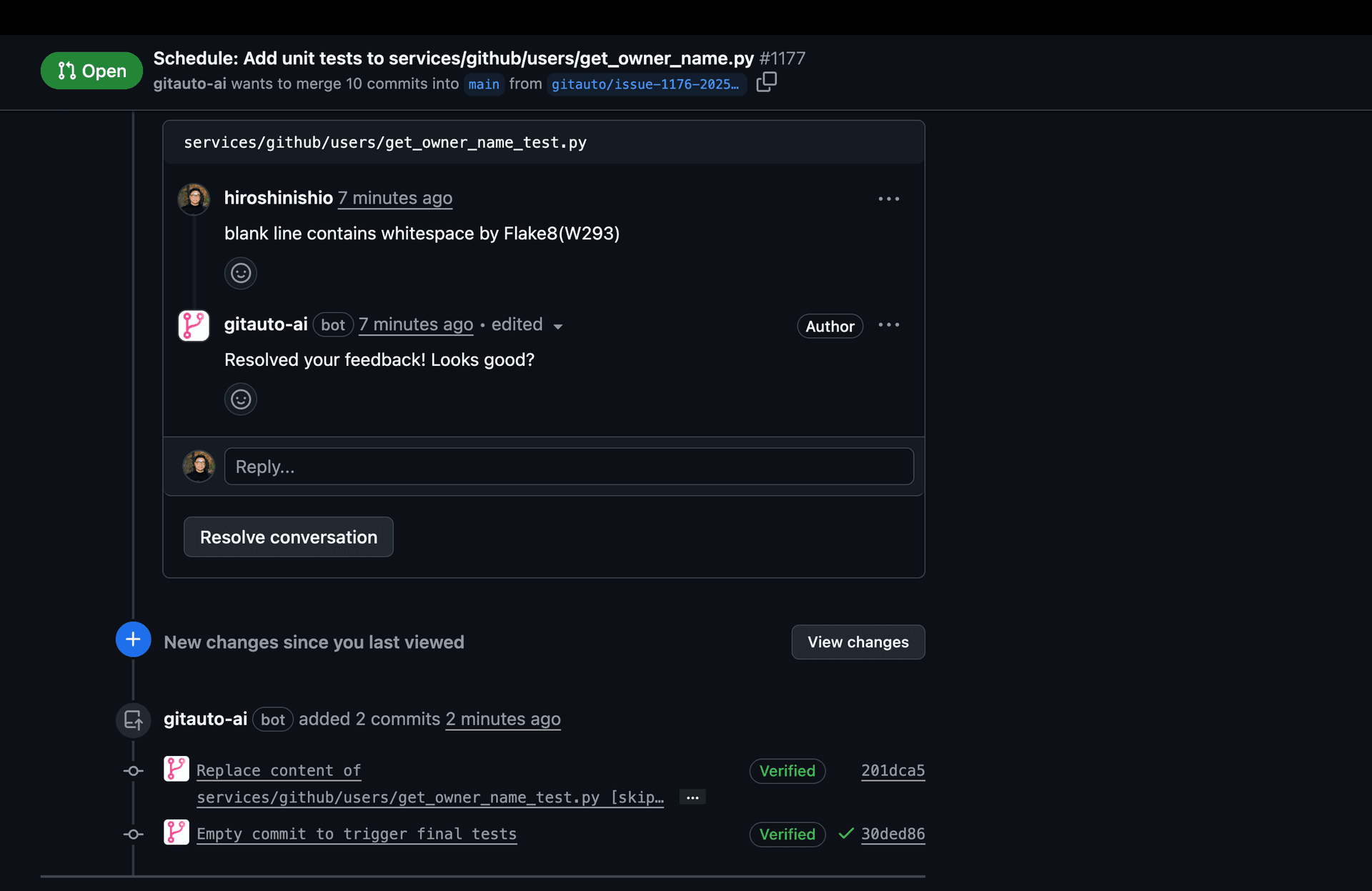 Screenshot showing GitAuto's fix commit responding to review feedback
