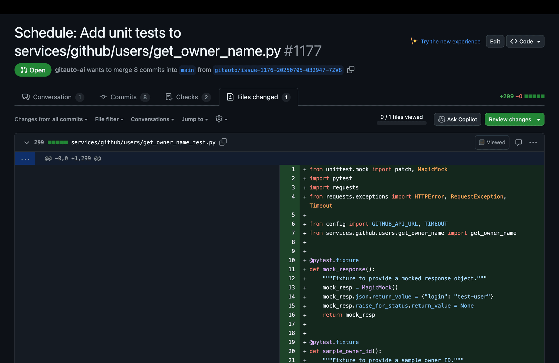 Screenshot showing a GitAuto-created pull request with test files