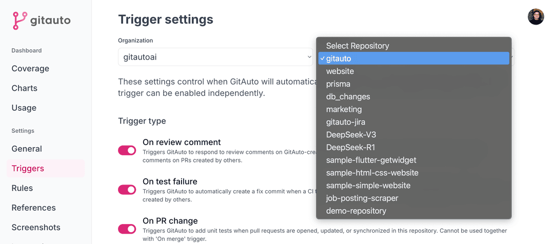 Screenshot of repository selector dropdown showing available repositories