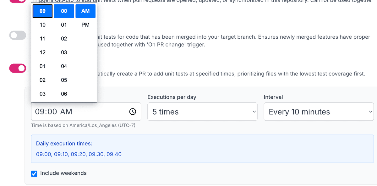 Screenshot of schedule configuration form with time picker, execution count dropdown, interval selector, and weekend checkbox