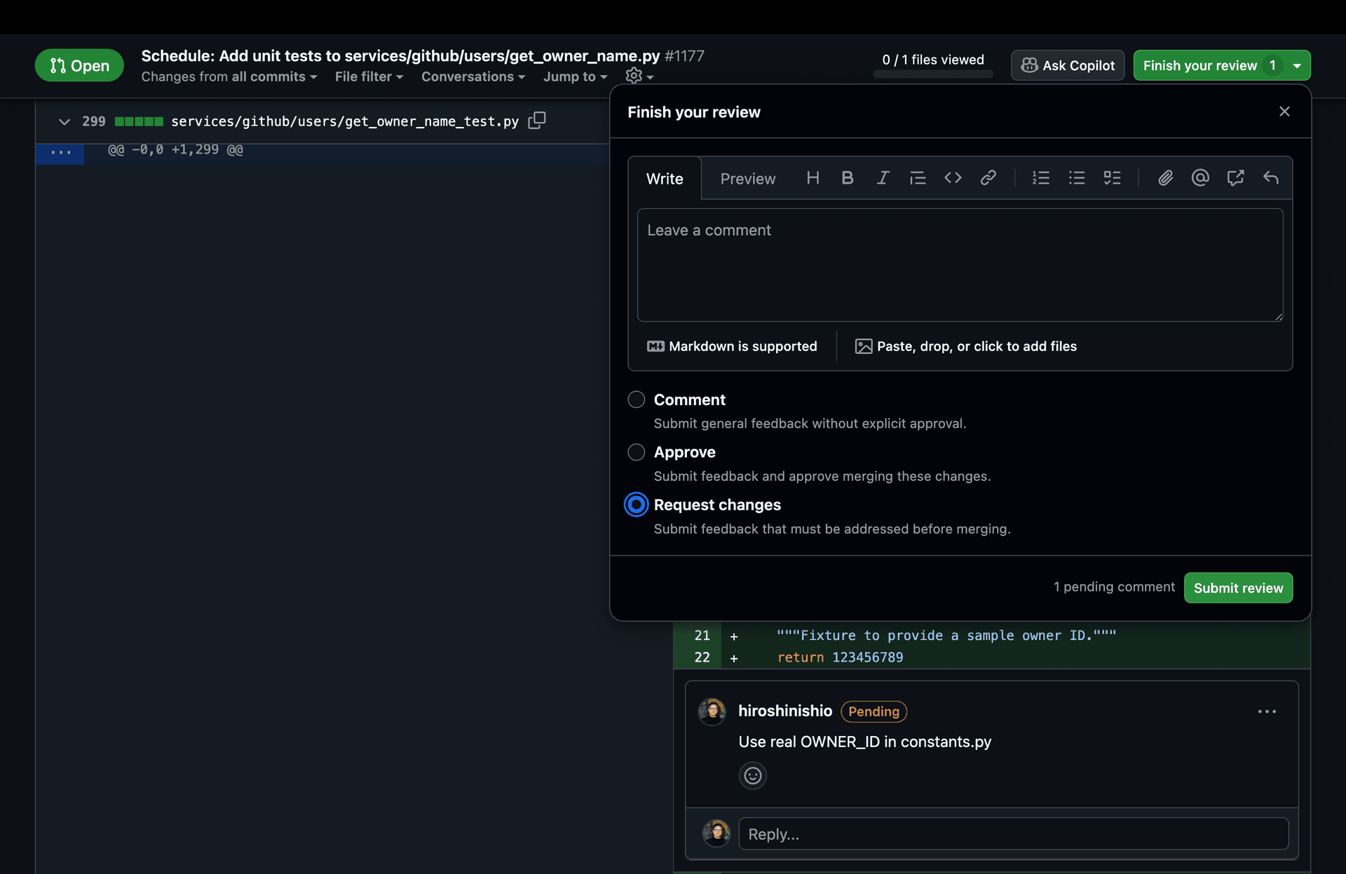 Screenshot showing how to submit a review request on a GitAuto PR