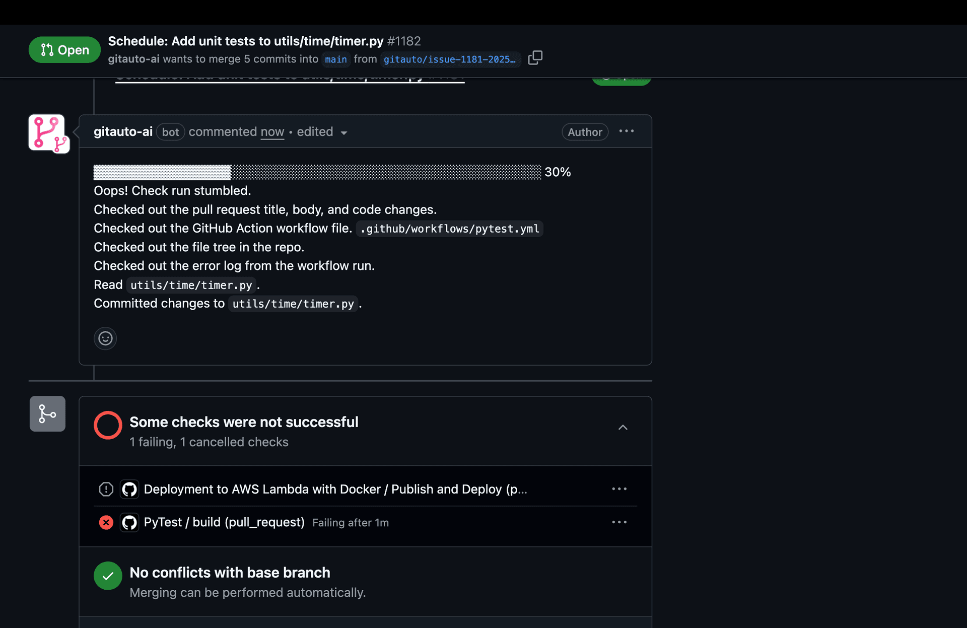 Screenshot showing a failed CI/CD workflow on a GitAuto pull request and GitAuto is working on it