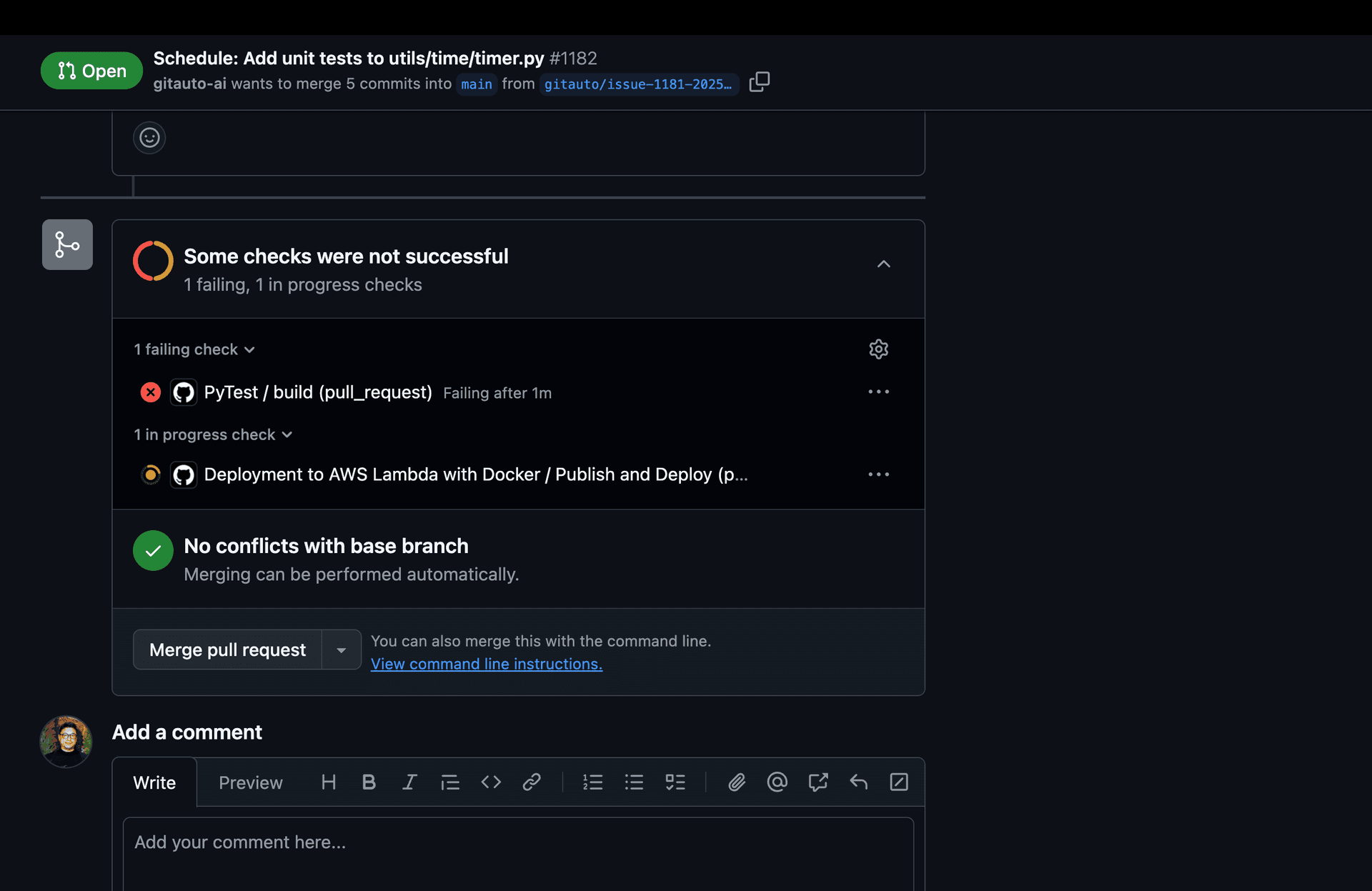 Screenshot showing a failed CI/CD workflow on a GitAuto pull request