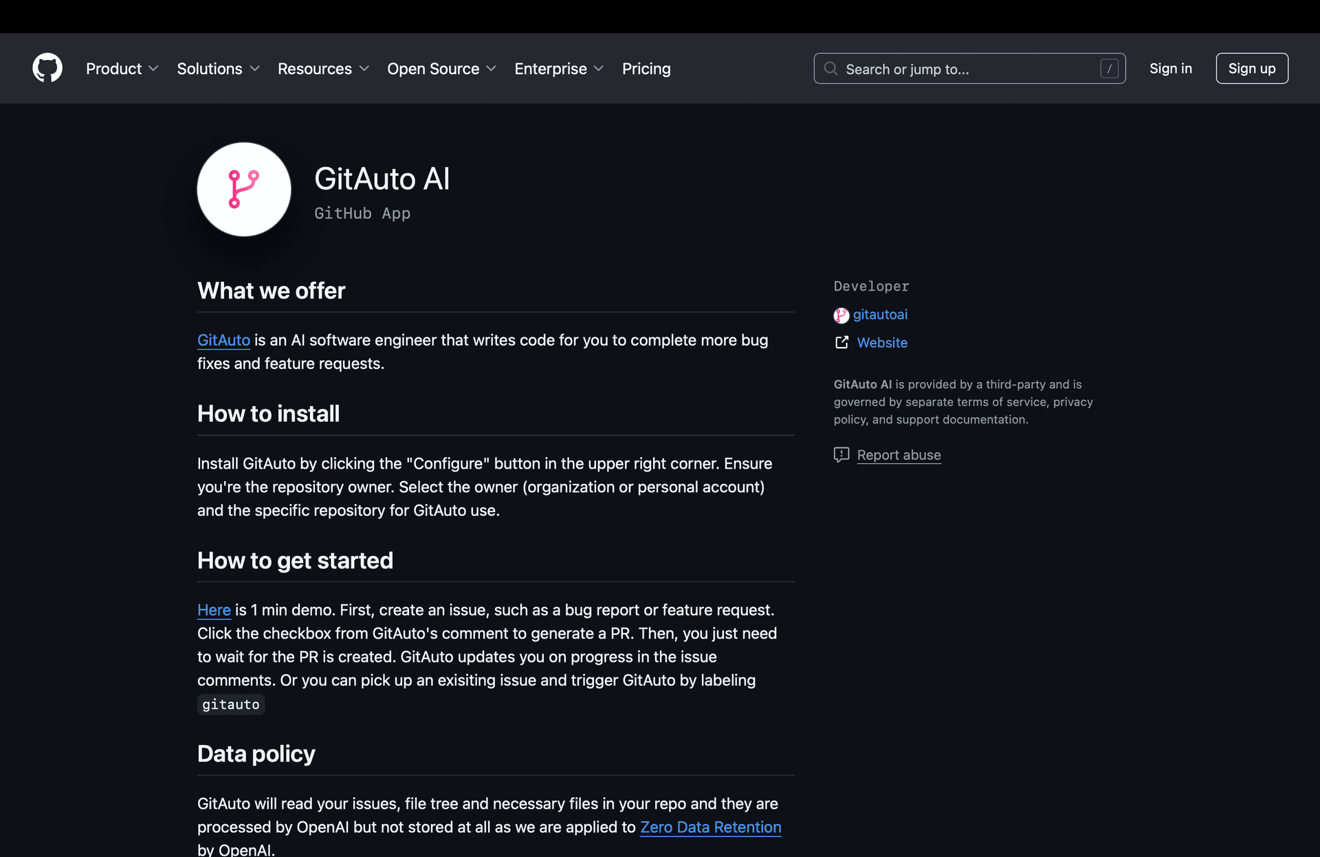 GitAuto installation page before signing in