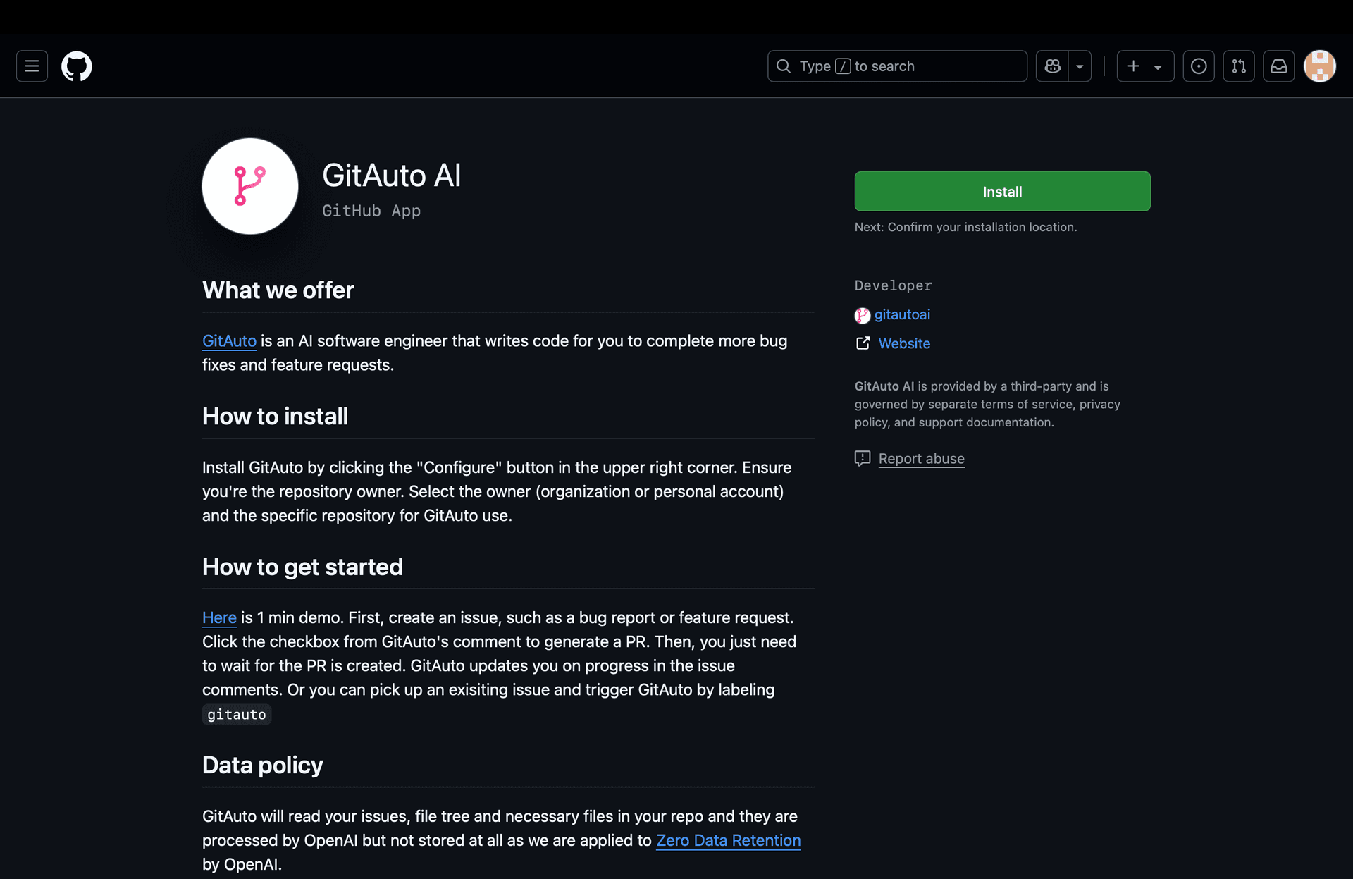GitAuto installation page after signing in