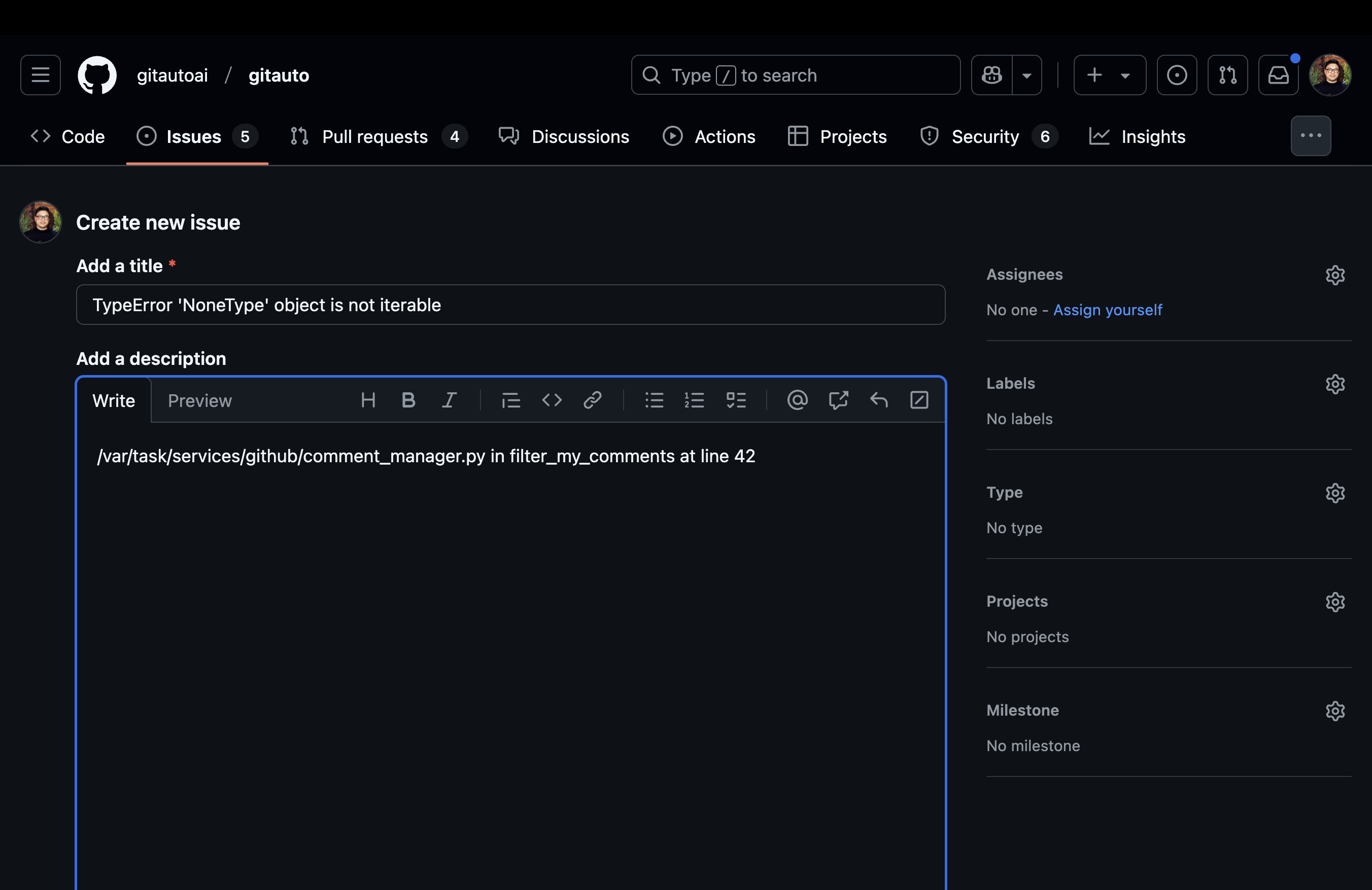 Creating a GitHub issue with Sentry error details