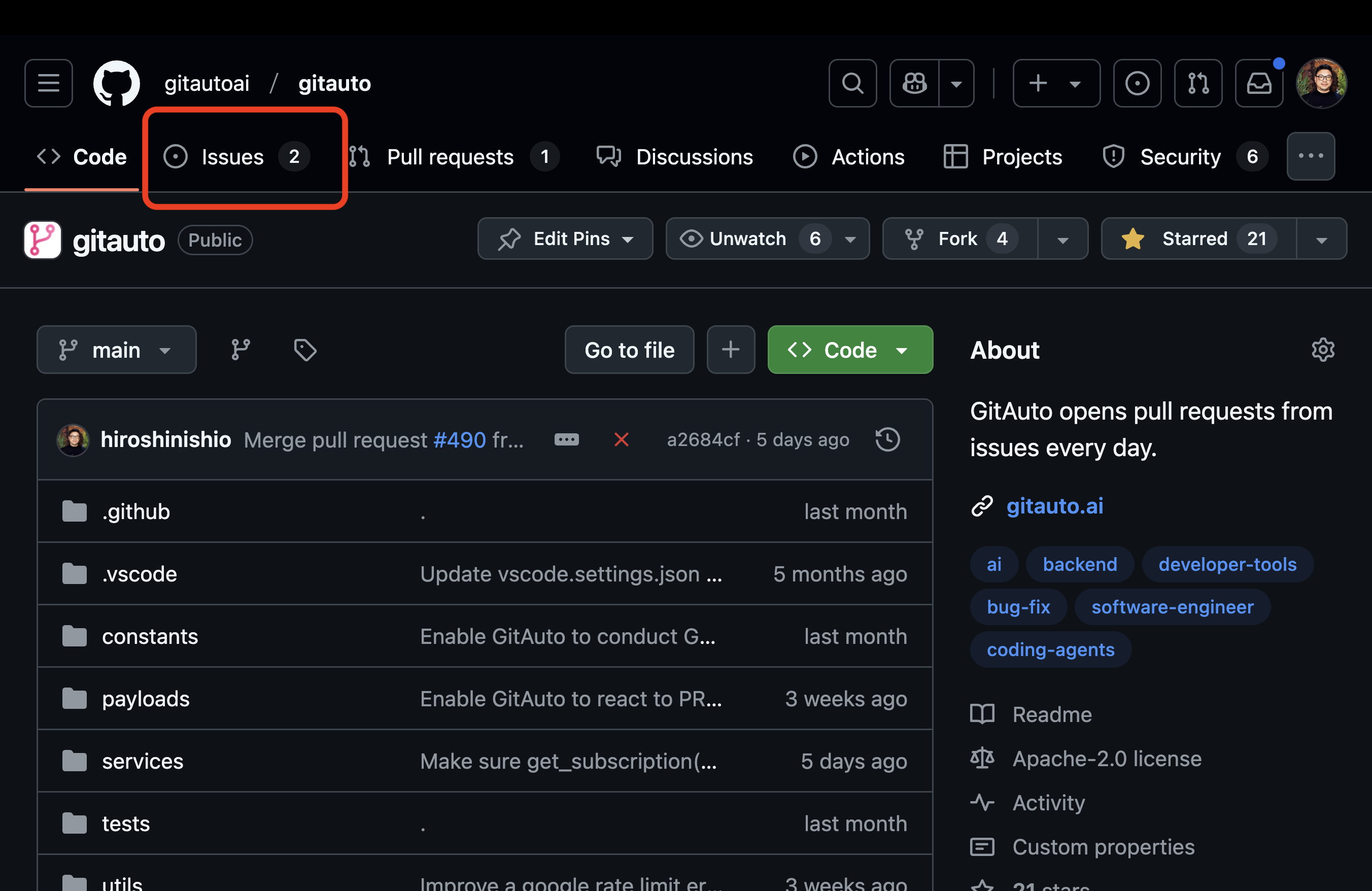 GitHub repository page with Issues tab highlighted in red