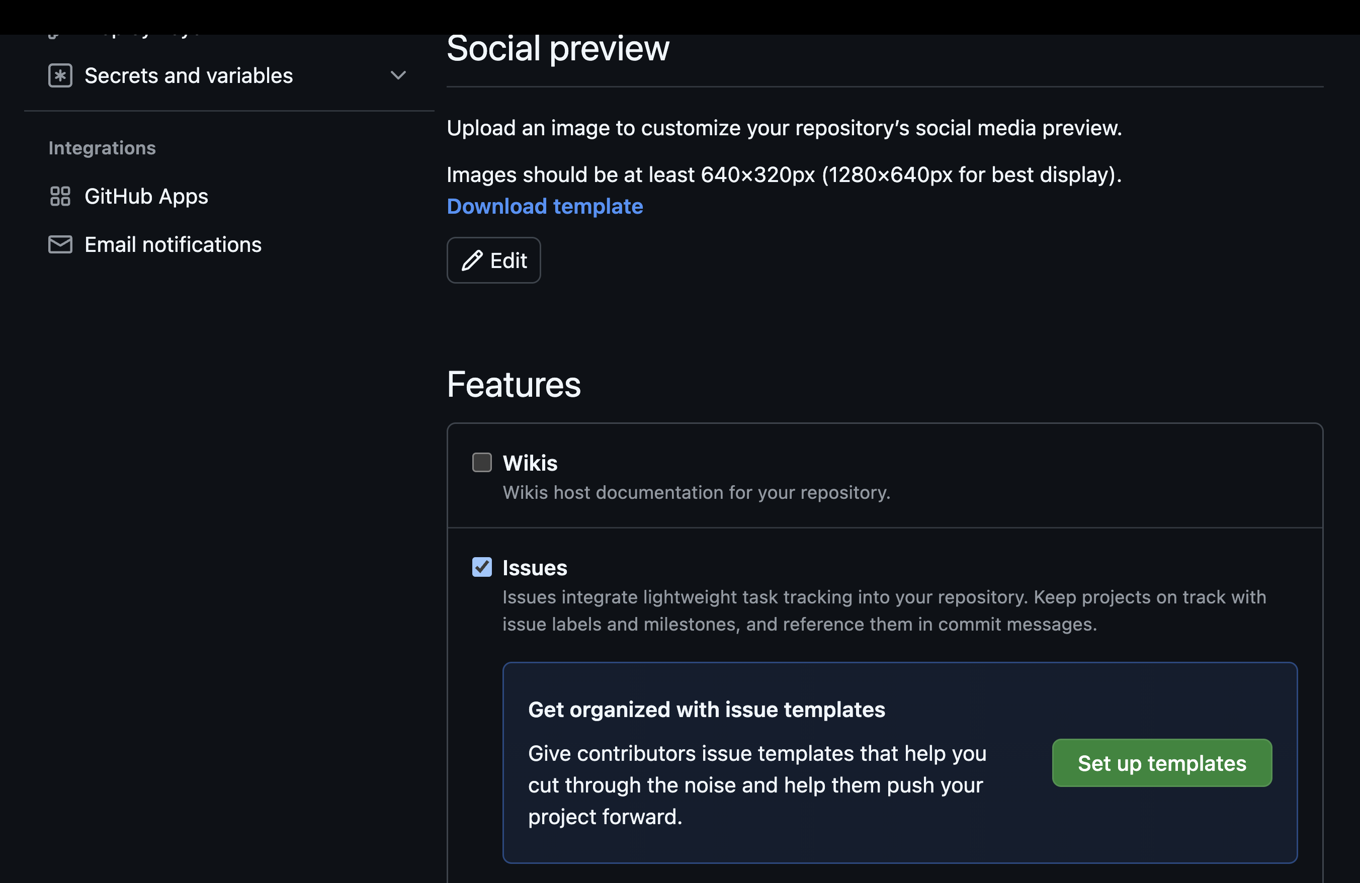 Repository settings page showing how to enable Issues feature