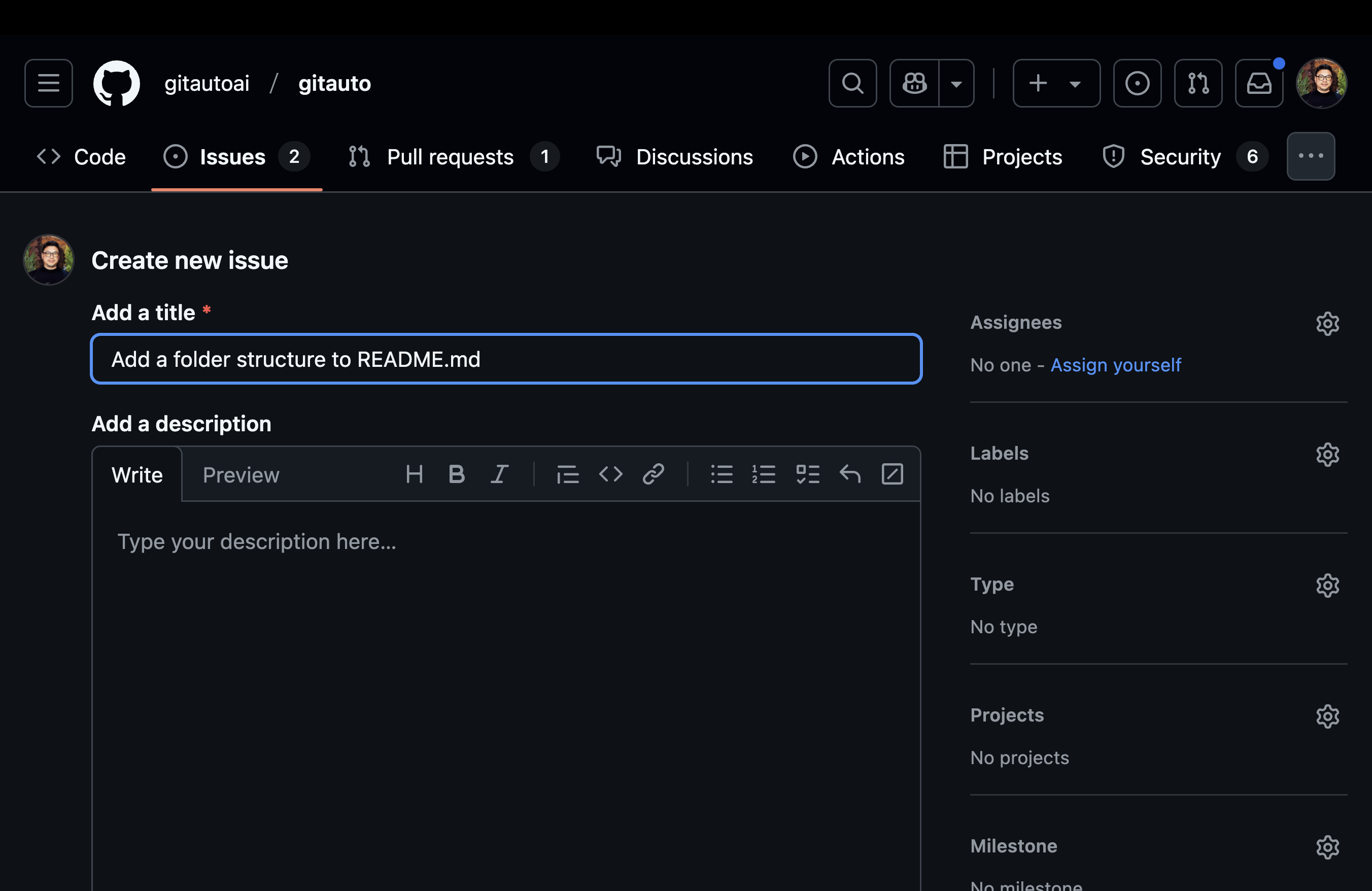 Issue form with example title "Add folder structure summary to README.md"