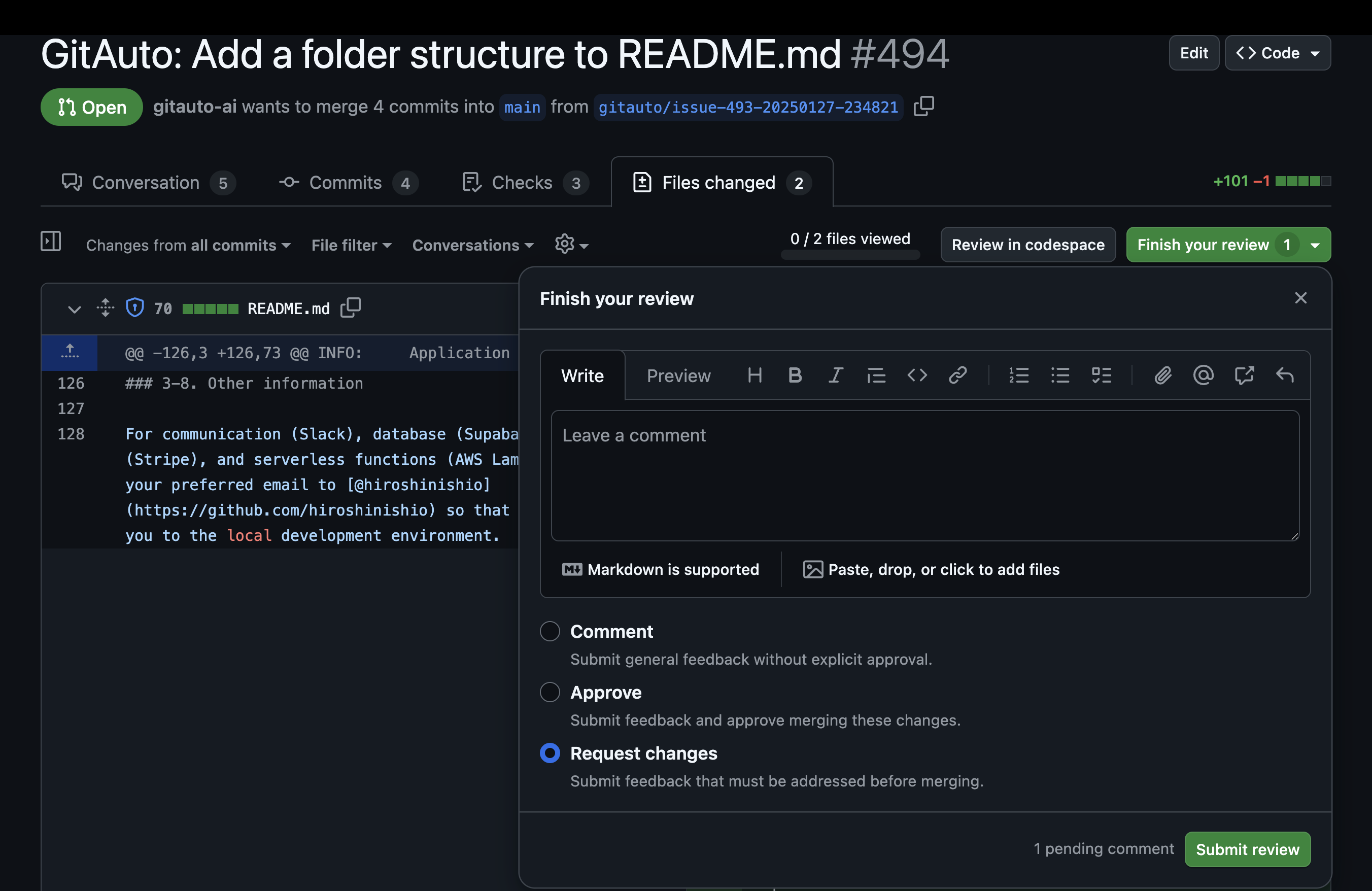 GitHub pull request Files Changed tab showing pending review comments