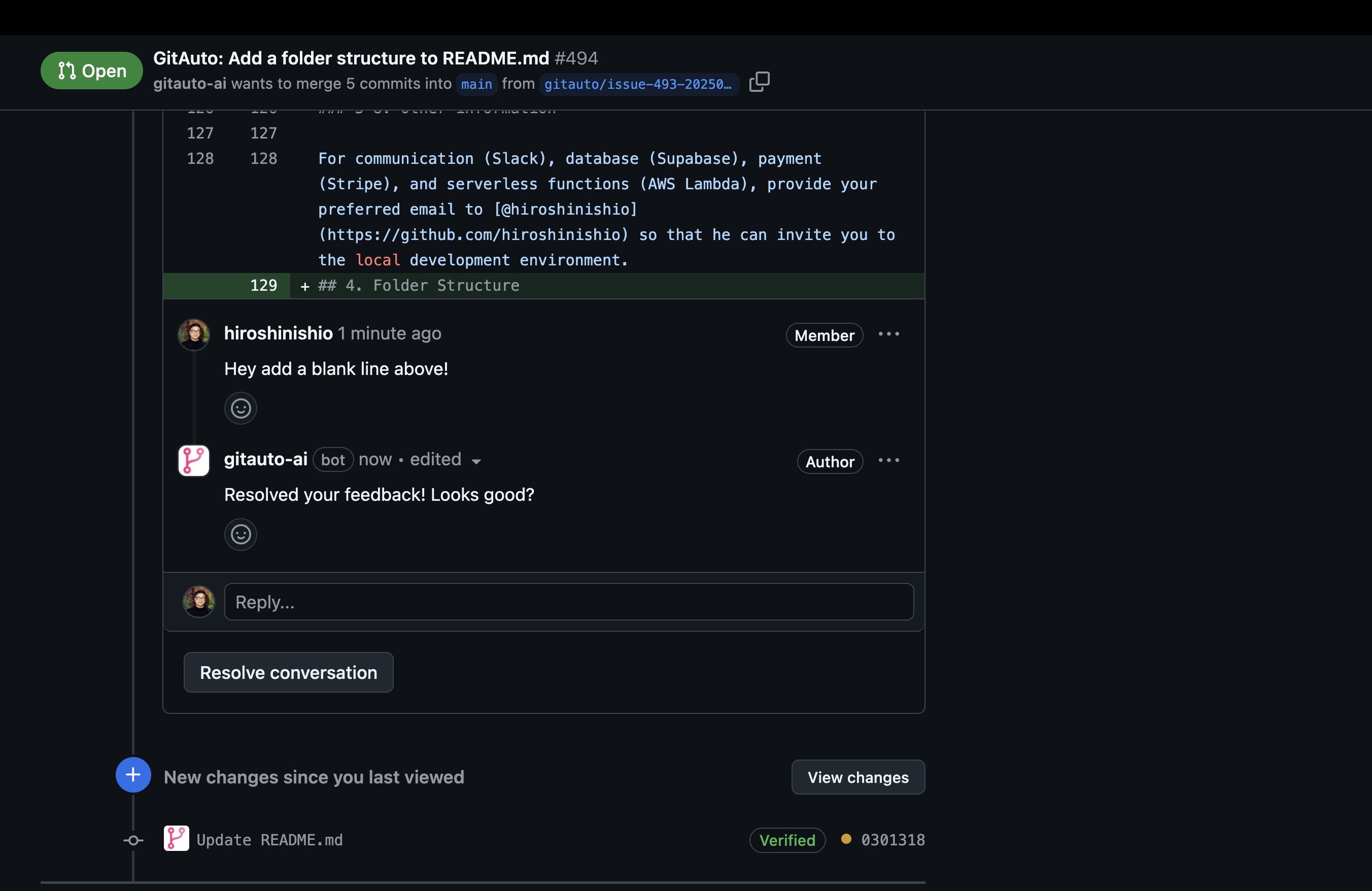 GitHub pull request showing GitAuto implementing requested changes