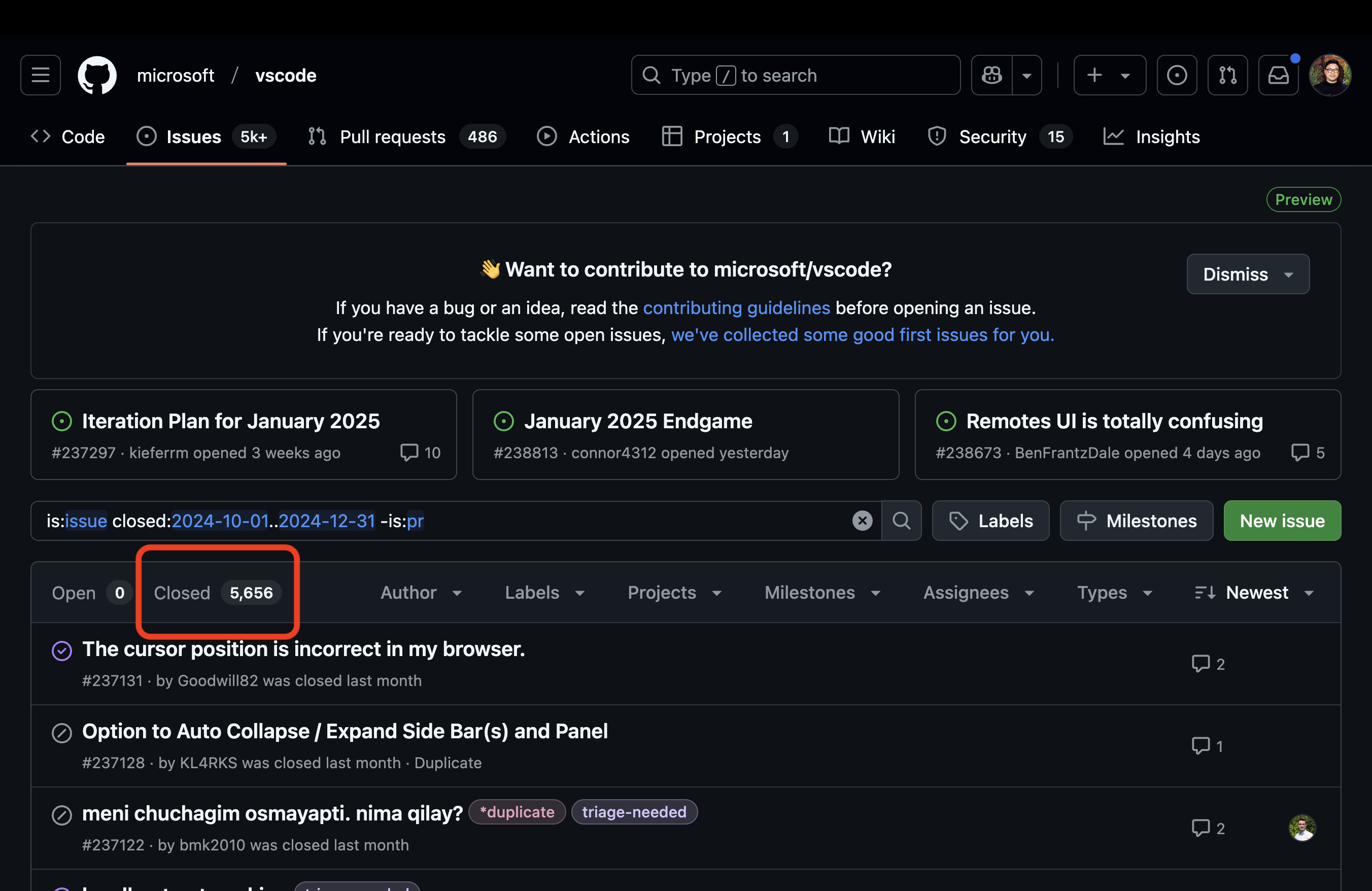 VSCode's closed issues in last 3 months