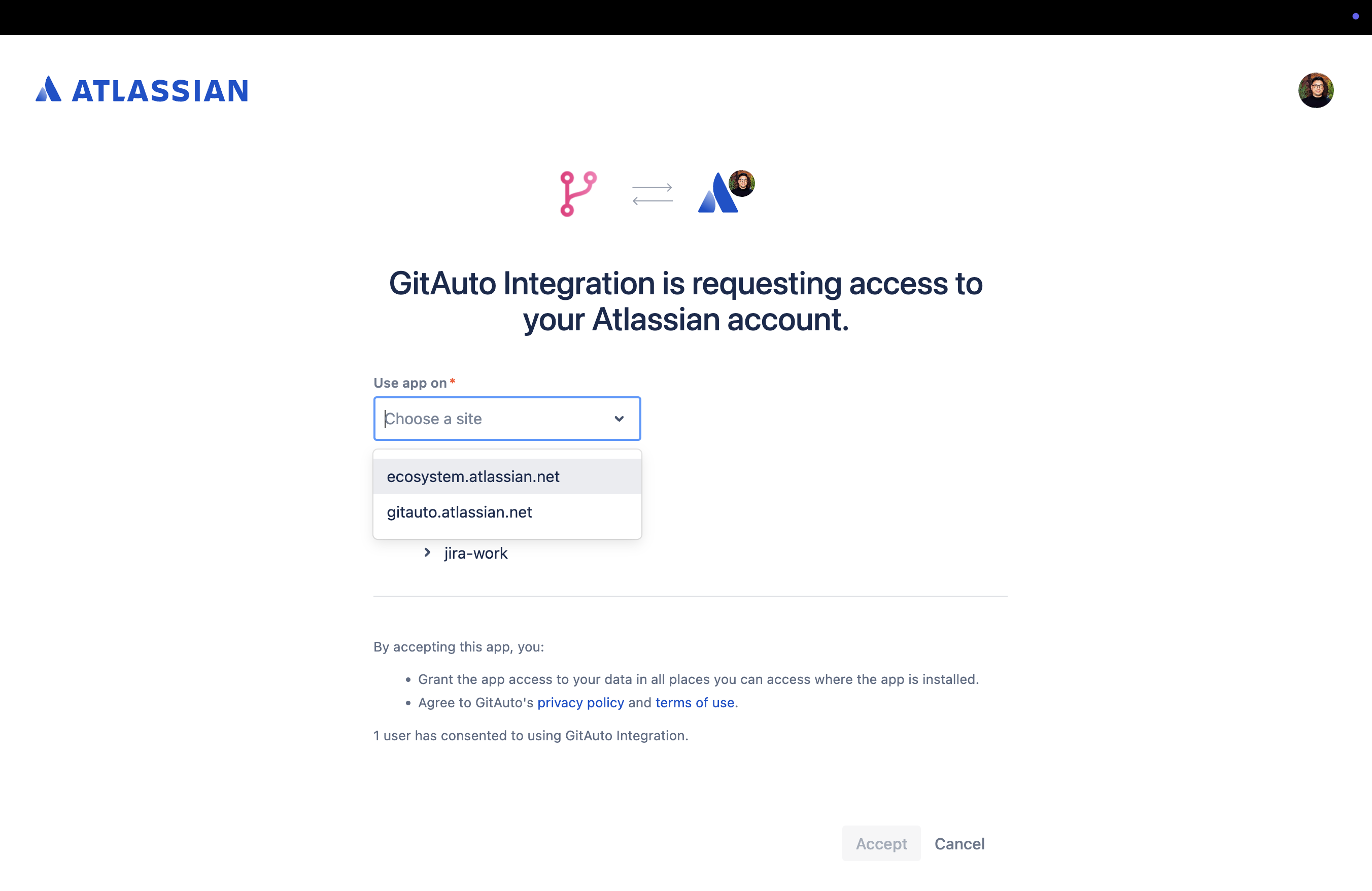 Jira site selection page