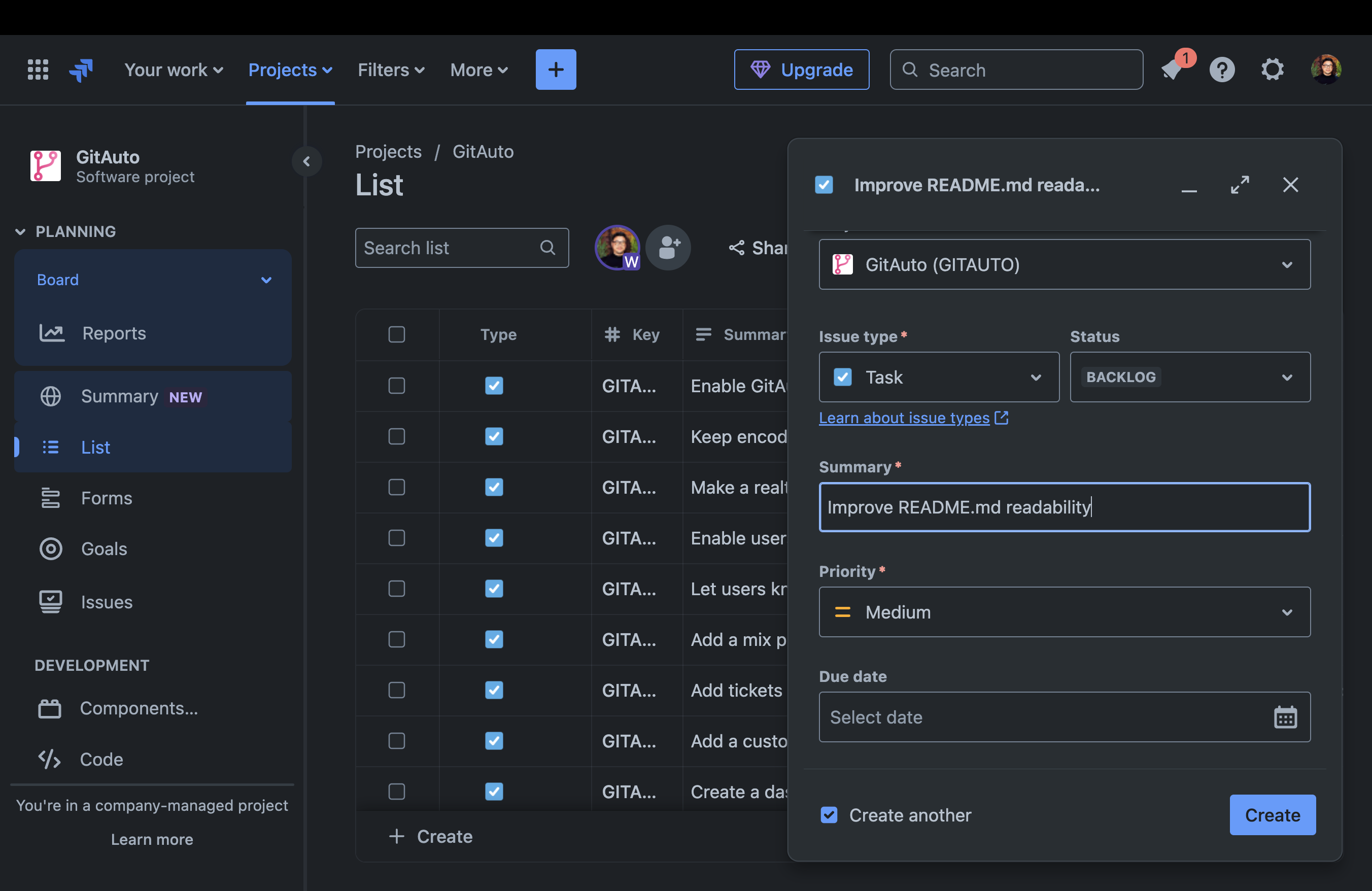 Jira issue creation screen showing fields like issue type, summary, and priority