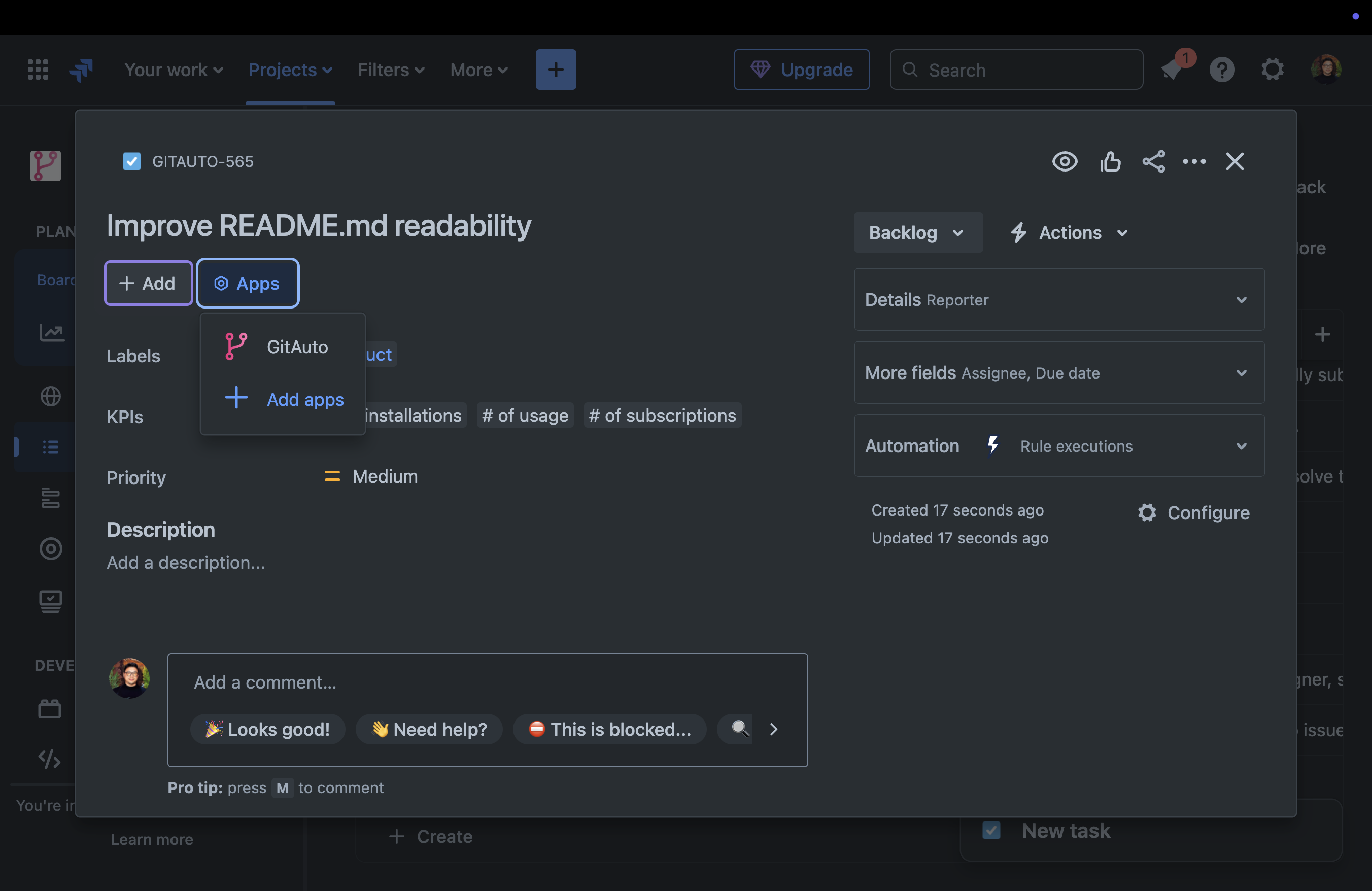 Jira issue creation screen showing the Apps section