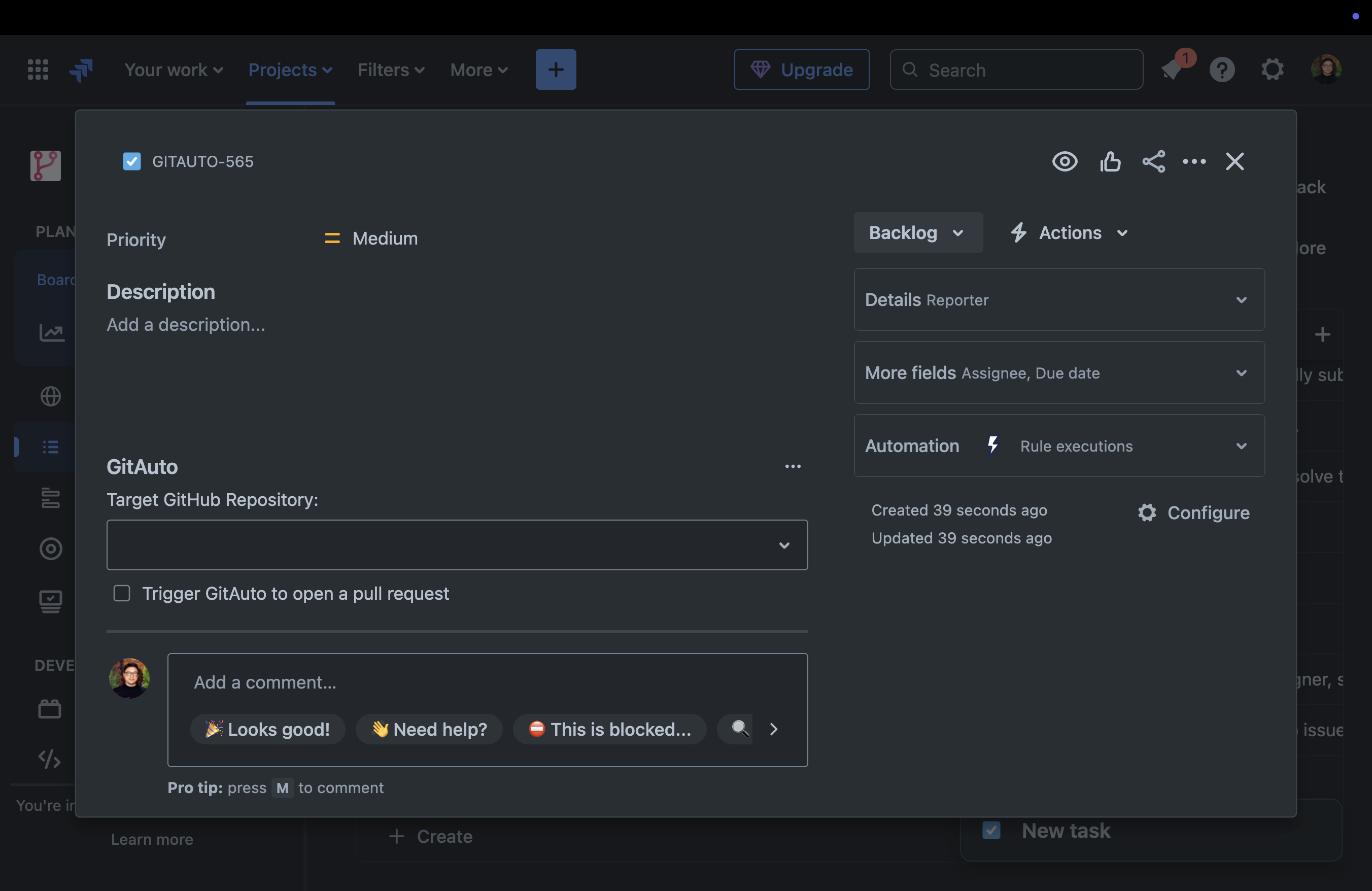 Jira issue creation screen showing GitAuto in the Apps section