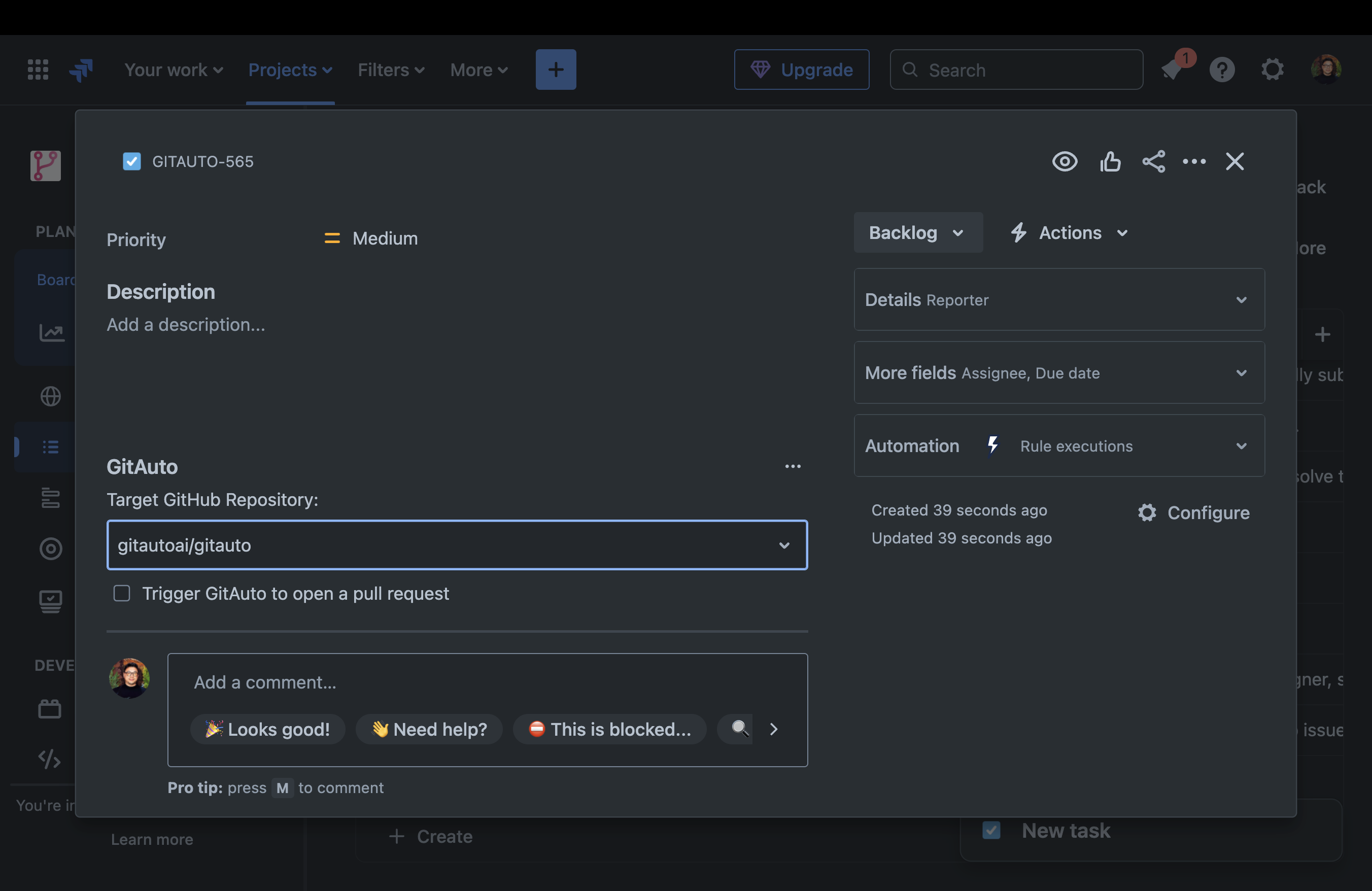 Jira issue creation screen showing GitAuto section