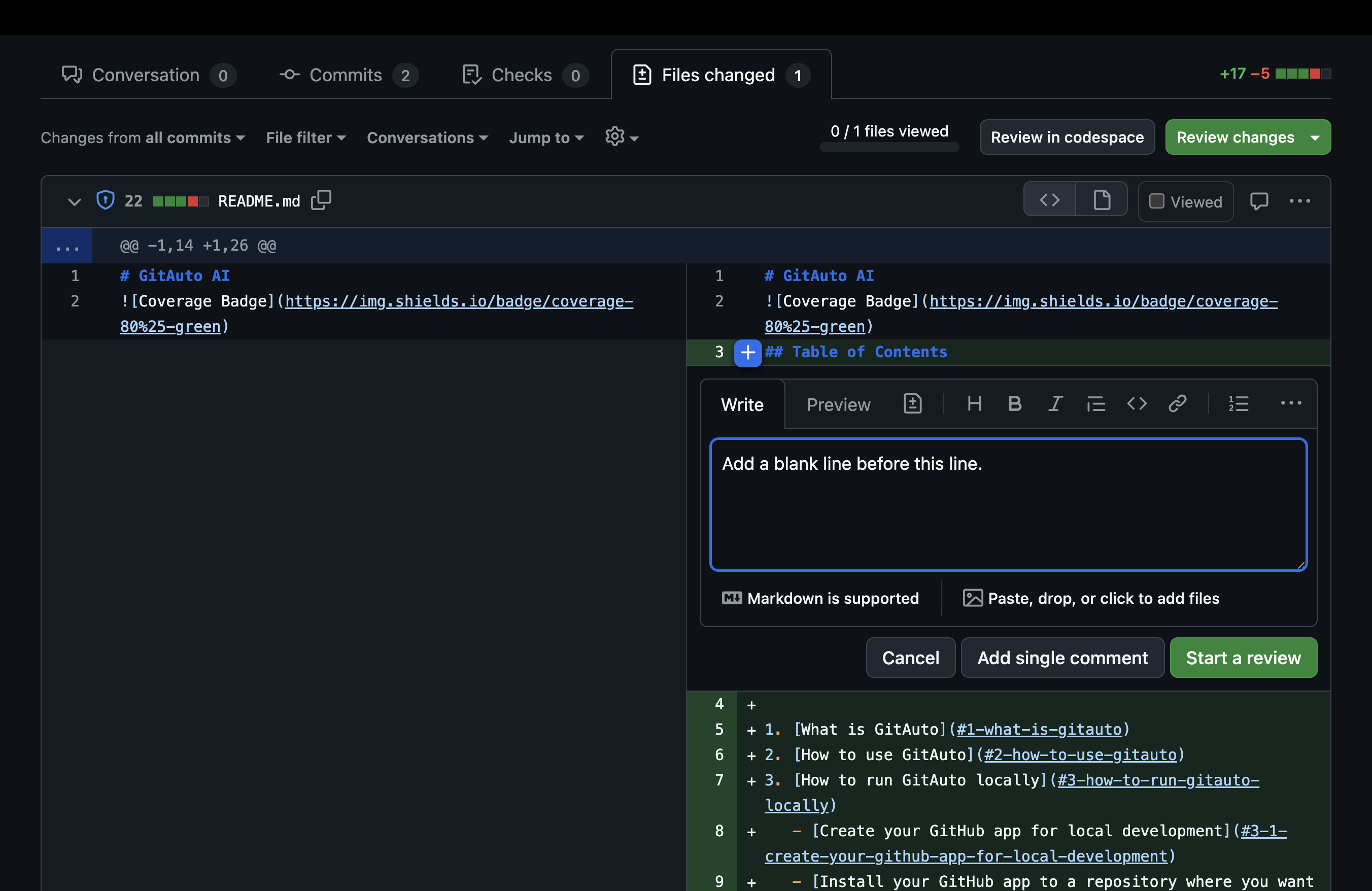 GitHub pull request Files Changed tab showing how to write a review comment